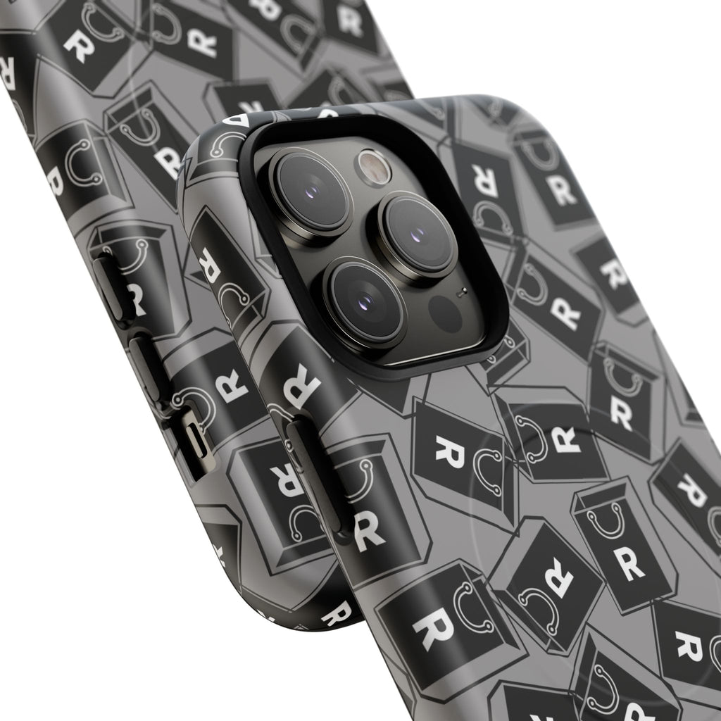Magnetic Phone Case – Black & Gray Repeating 'R' Logo Pattern