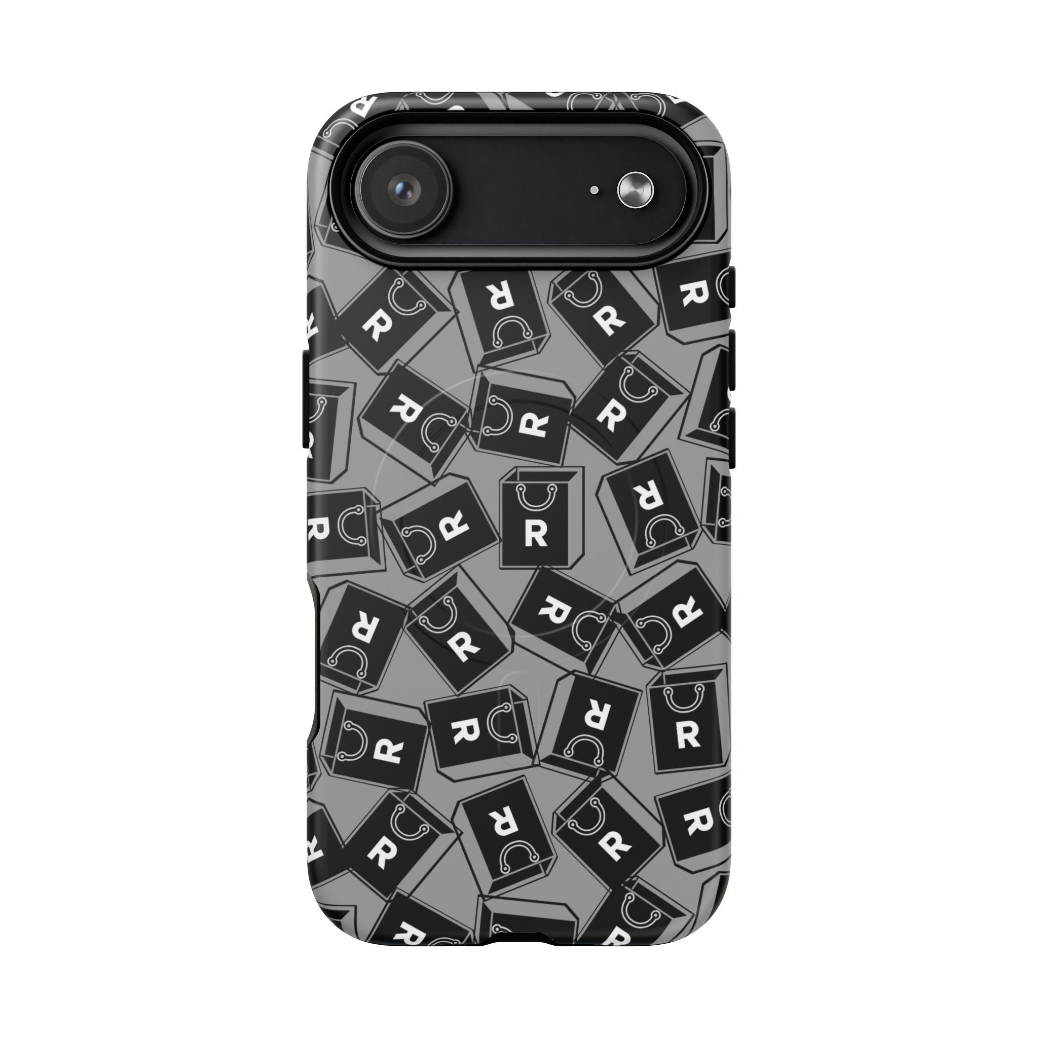 Magnetic Phone Case – Black & Gray Repeating 'R' Logo Pattern