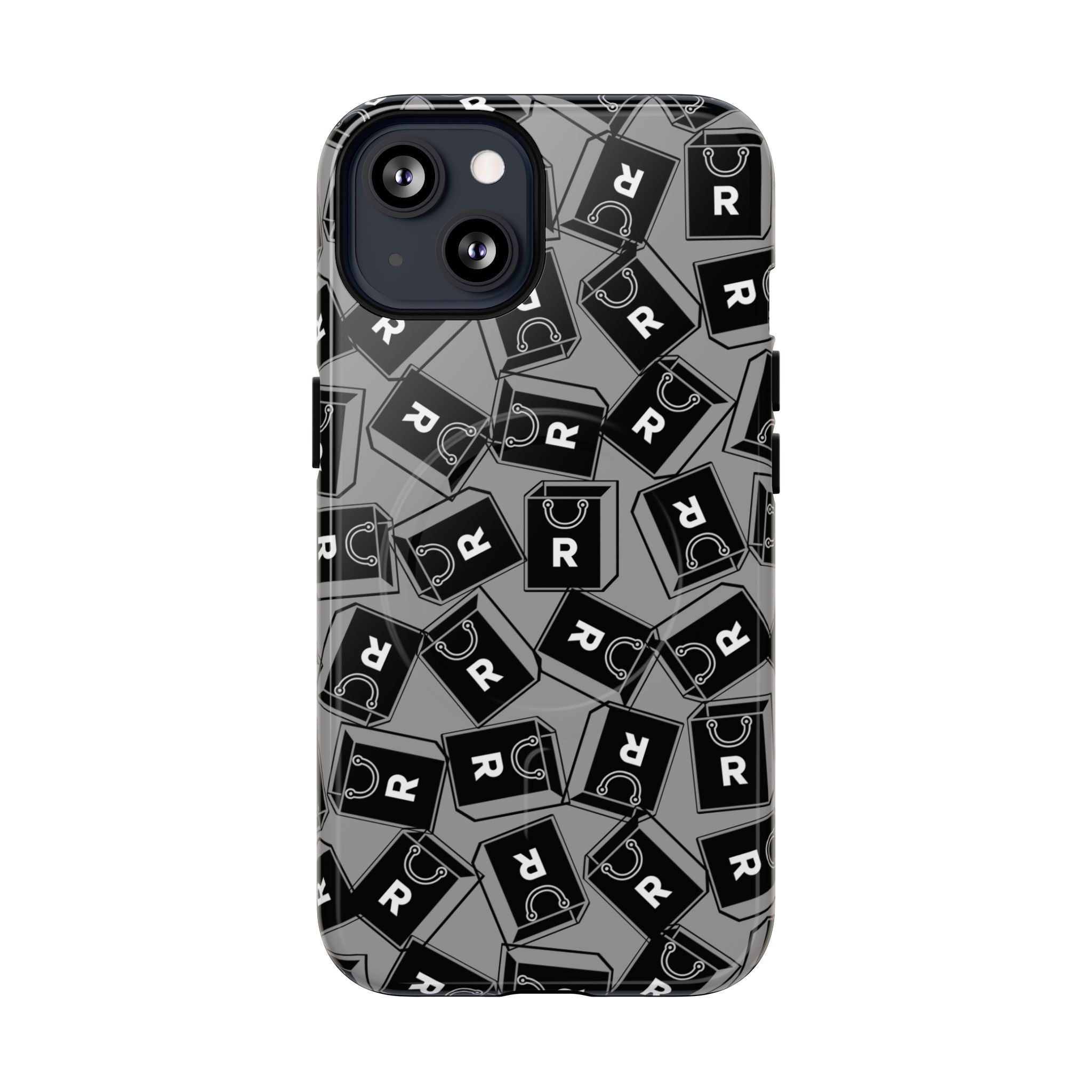 Magnetic Phone Case – Black & Gray Repeating 'R' Logo Pattern