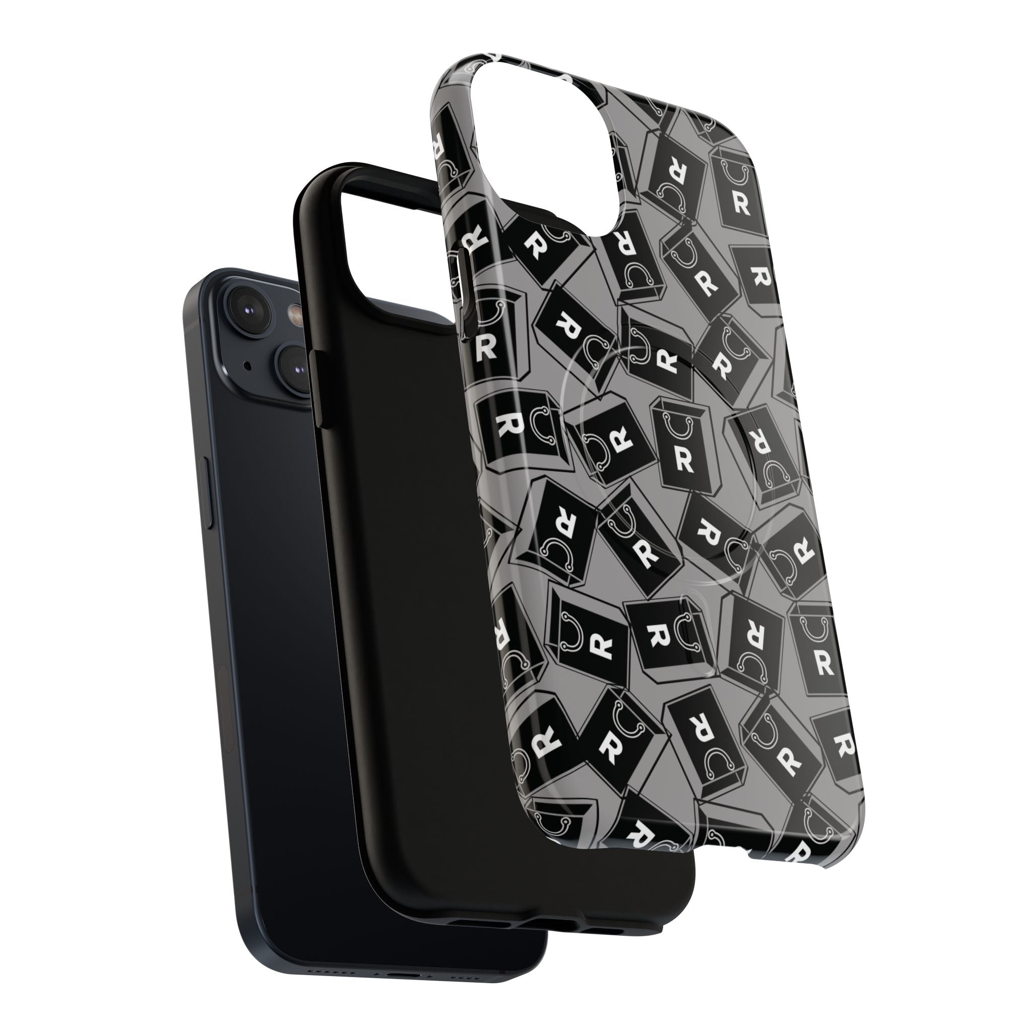 Magnetic Phone Case – Black & Gray Repeating 'R' Logo Pattern
