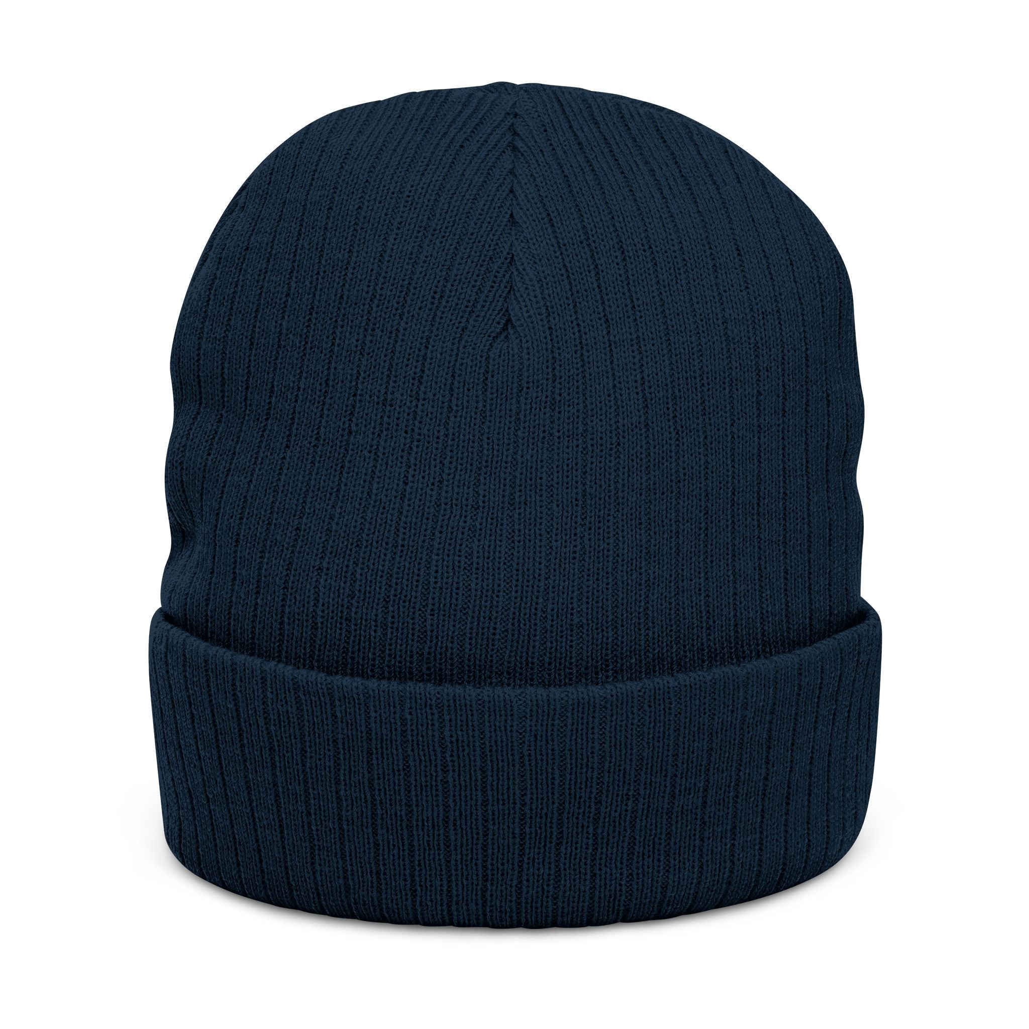 Embroidered Ribbed Beanie - Minimal Horseshoe & R Patch, Cozy Winter Hat