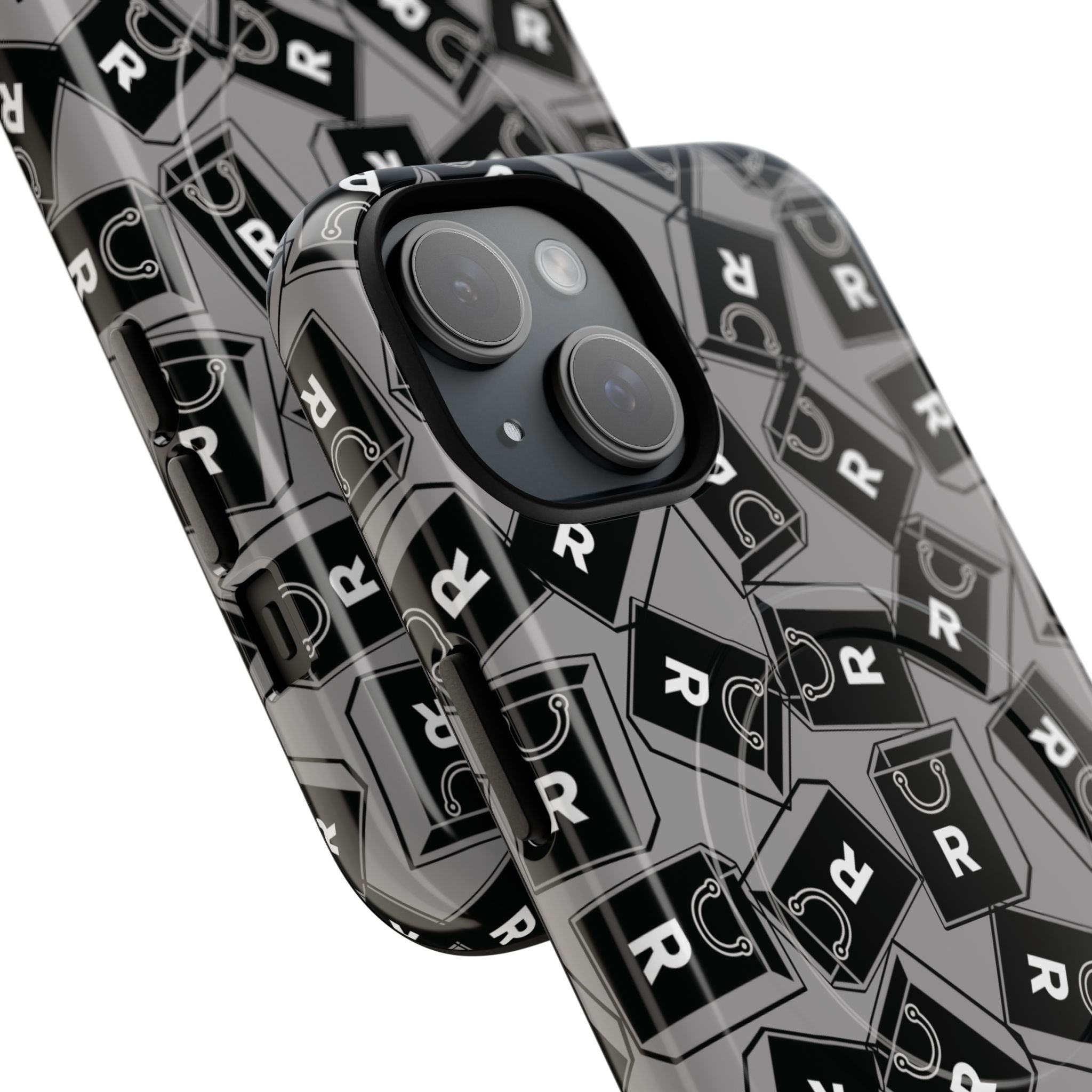 Magnetic Phone Case – Black & Gray Repeating 'R' Logo Pattern
