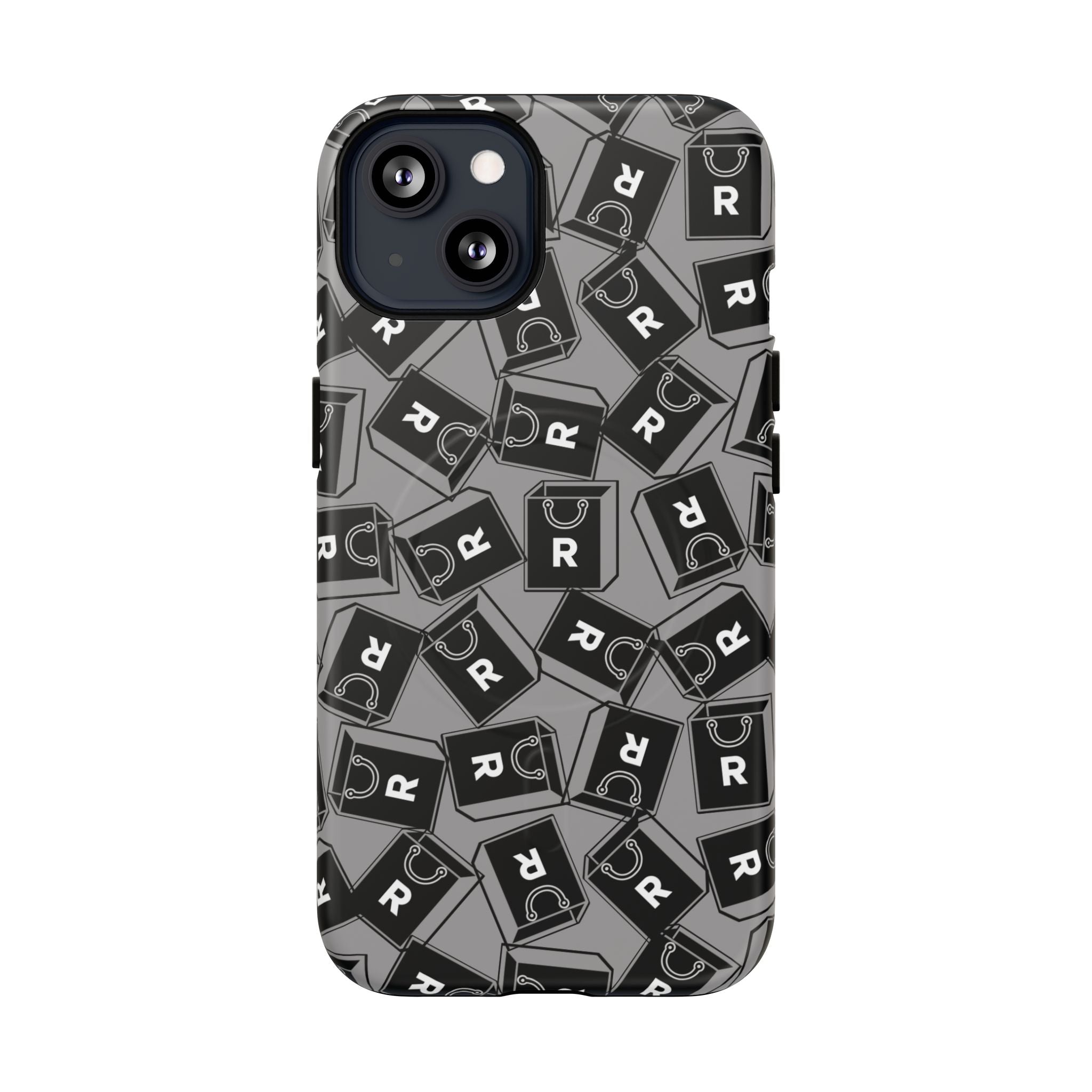 Magnetic Phone Case – Black & Gray Repeating 'R' Logo Pattern