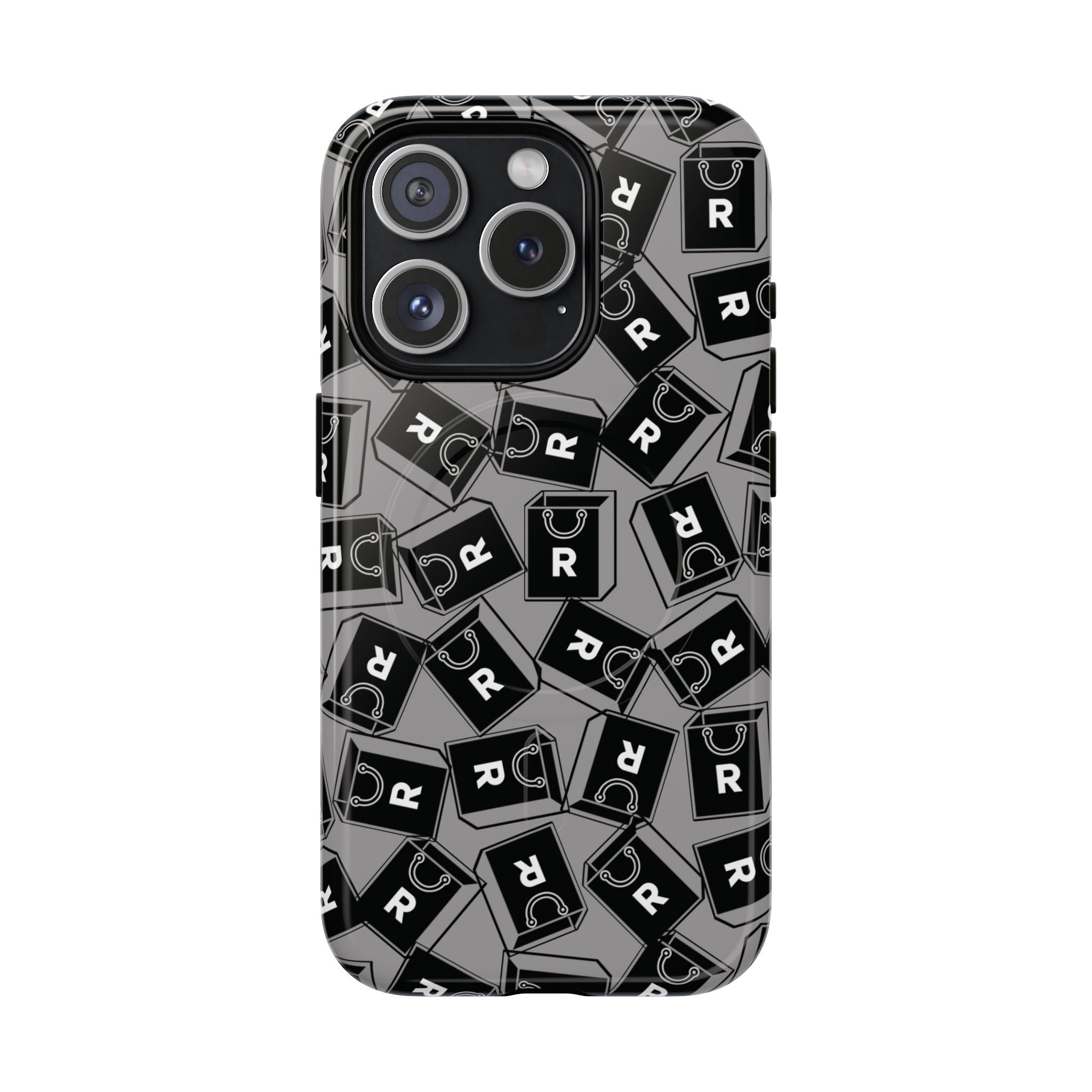Magnetic Phone Case – Black & Gray Repeating 'R' Logo Pattern