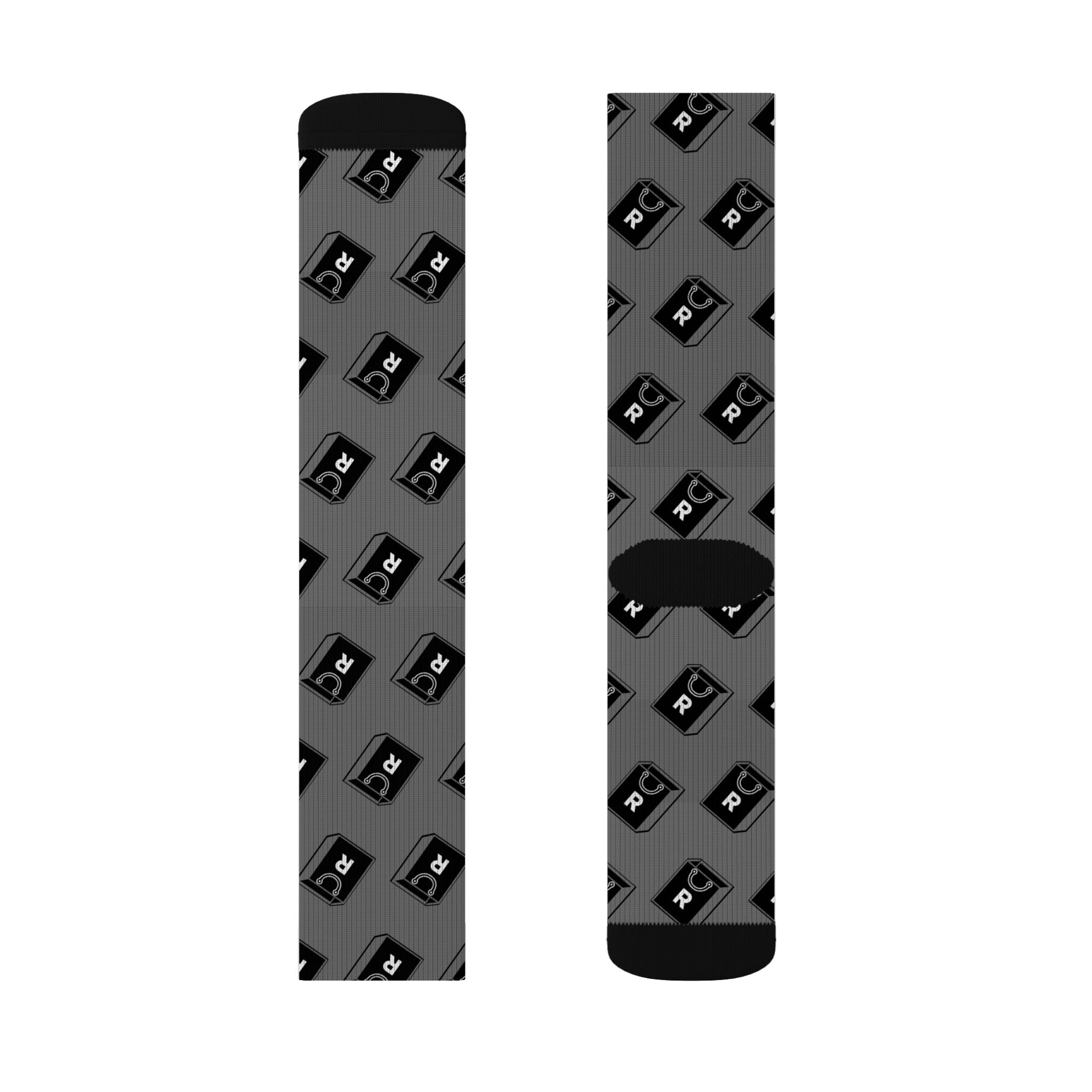 Retro Cassette Pattern Sublimation Socks — Grey Music Tape Crew Socks