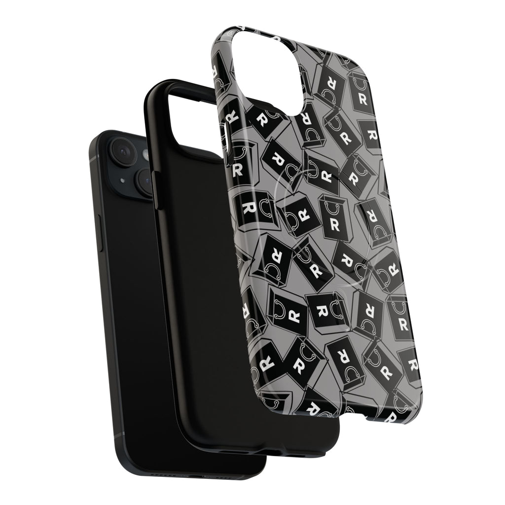 Magnetic Phone Case – Black & Gray Repeating 'R' Logo Pattern