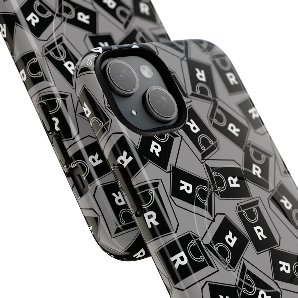 Magnetic Phone Case – Black & Gray Repeating 'R' Logo Pattern