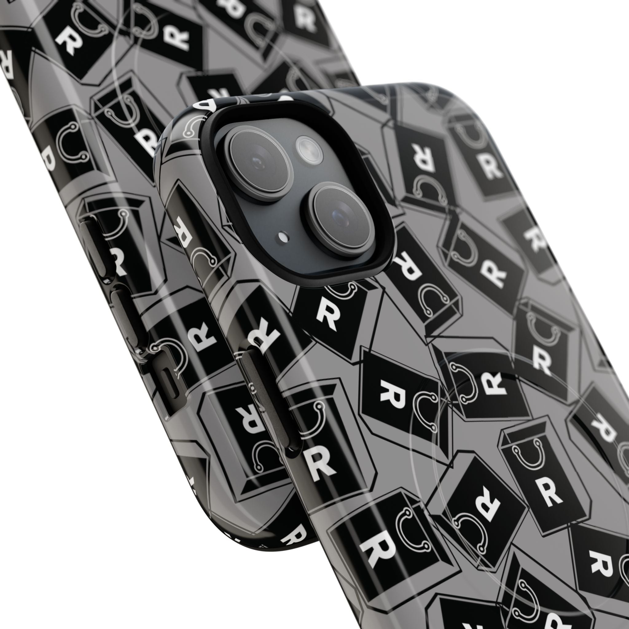 Magnetic Phone Case – Black & Gray Repeating 'R' Logo Pattern