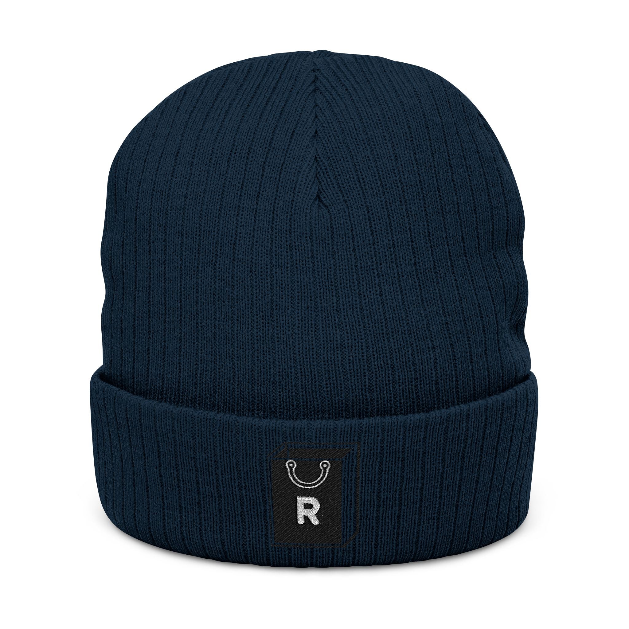 Embroidered Ribbed Beanie - Minimal Horseshoe & R Patch, Cozy Winter Hat