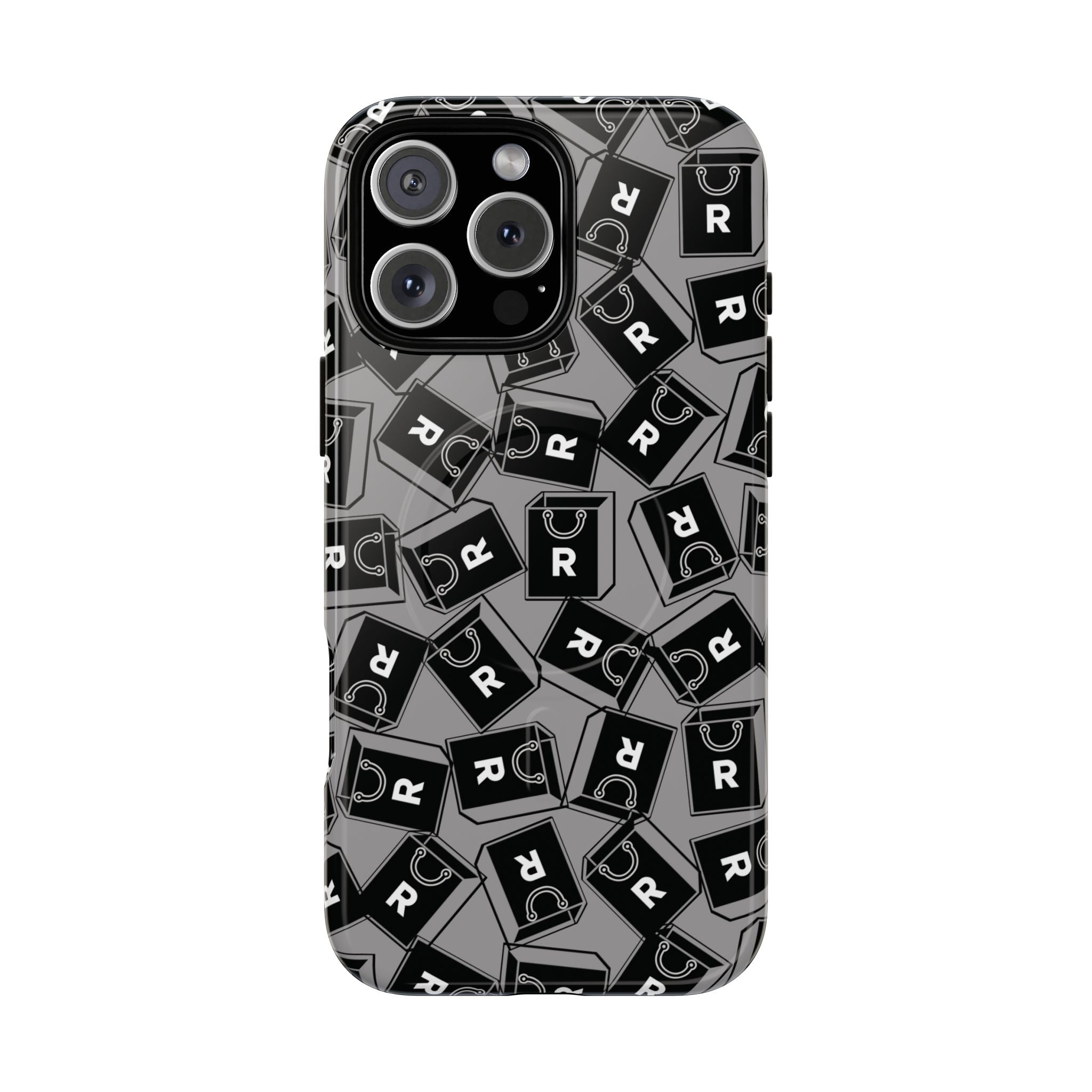 Magnetic Phone Case – Black & Gray Repeating 'R' Logo Pattern