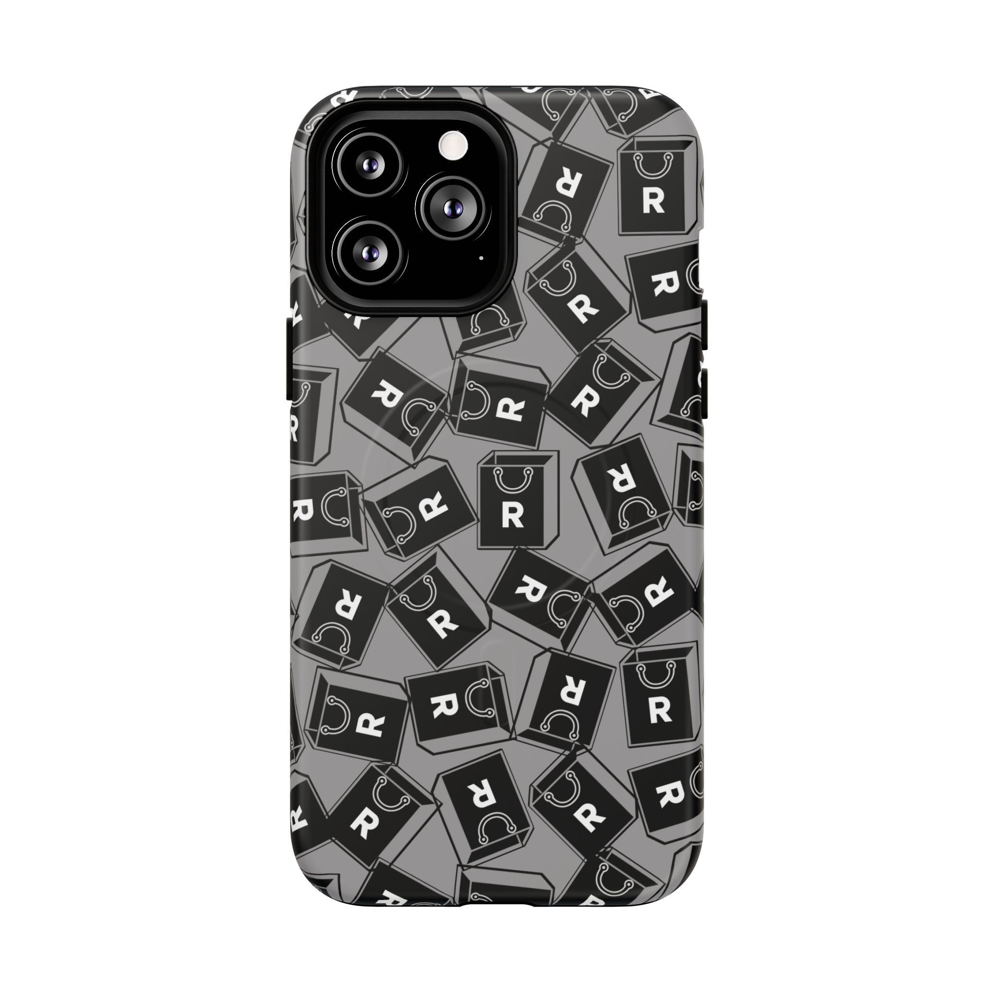 Magnetic Phone Case – Black & Gray Repeating 'R' Logo Pattern