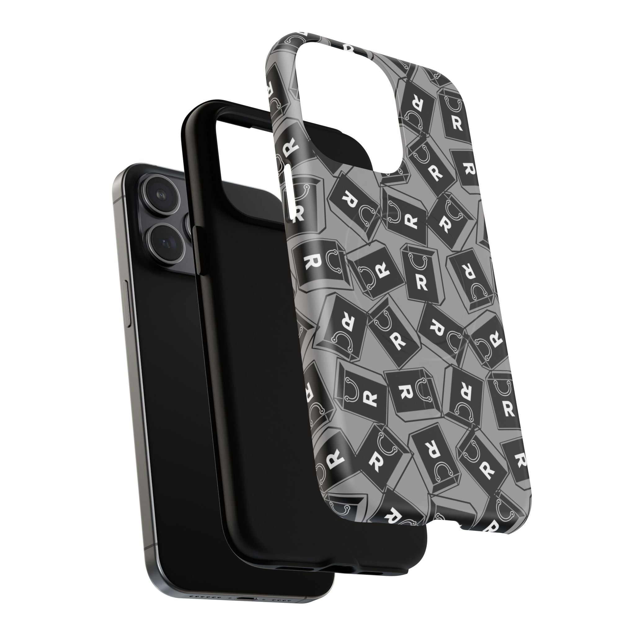 Magnetic Phone Case – Black & Gray Repeating 'R' Logo Pattern