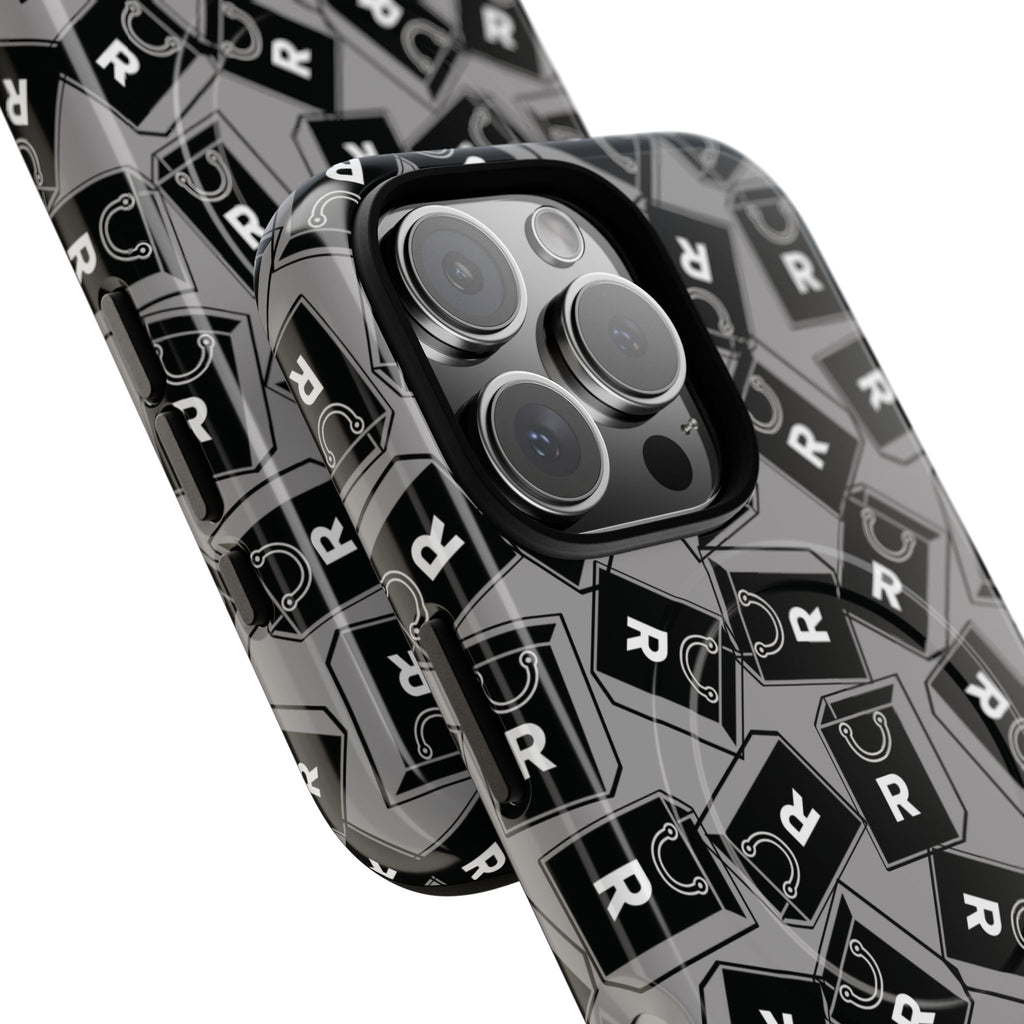 Magnetic Phone Case – Black & Gray Repeating 'R' Logo Pattern