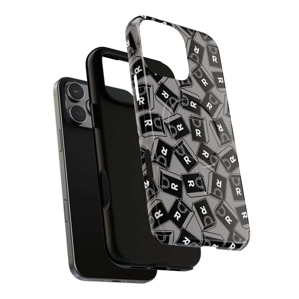 Magnetic Phone Case – Black & Gray Repeating 'R' Logo Pattern