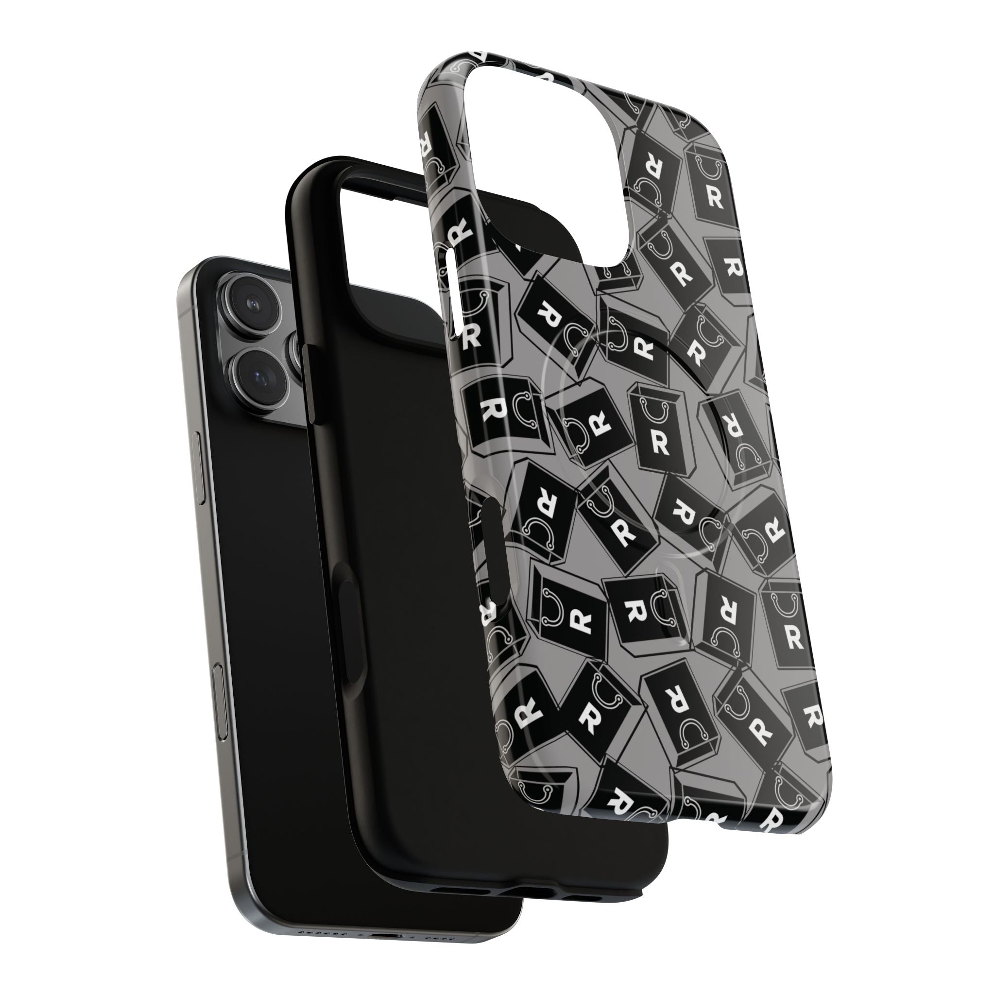 Magnetic Phone Case – Black & Gray Repeating 'R' Logo Pattern