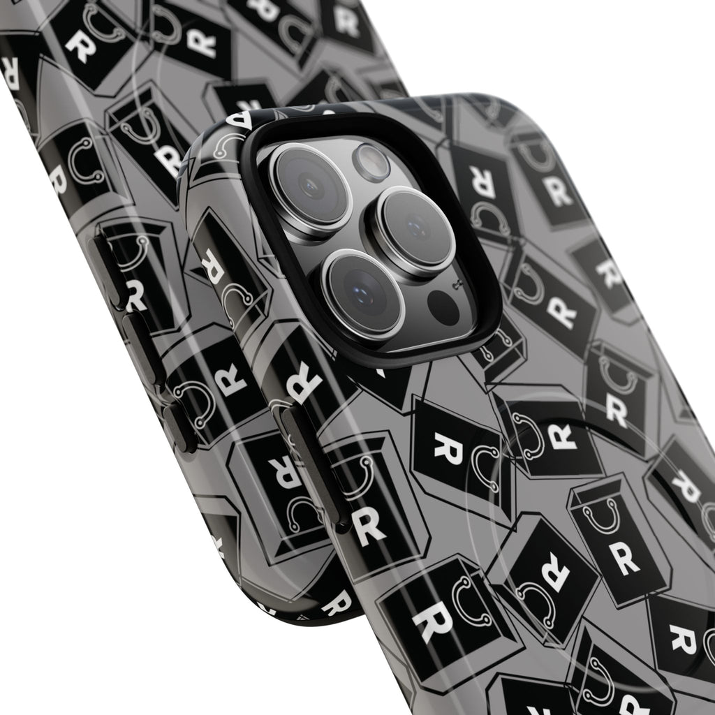 Magnetic Phone Case – Black & Gray Repeating 'R' Logo Pattern