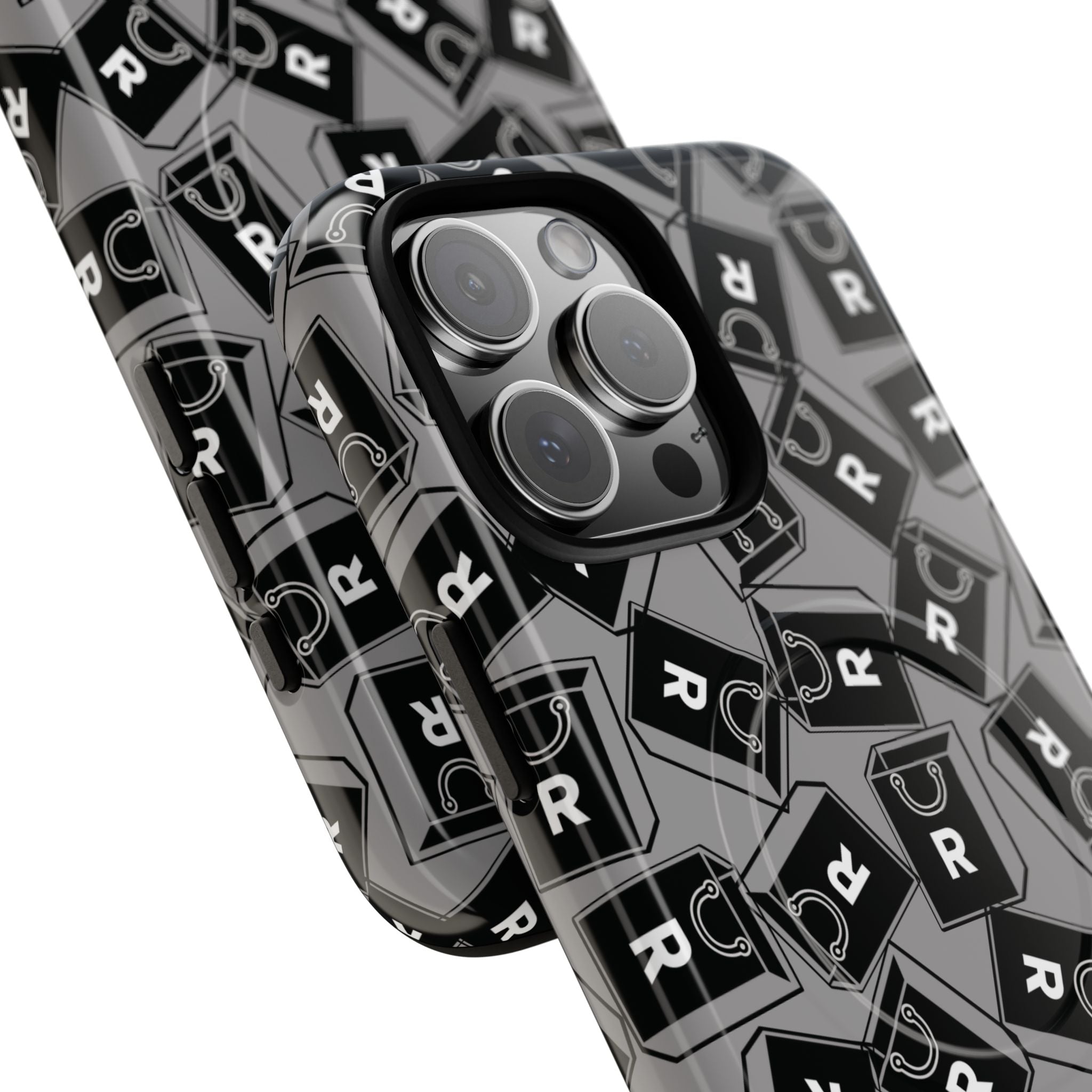Magnetic Phone Case – Black & Gray Repeating 'R' Logo Pattern