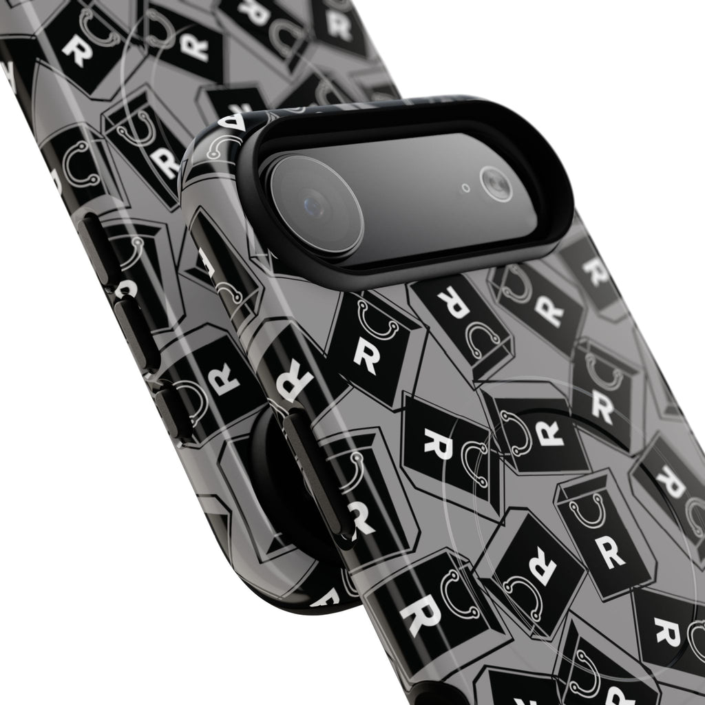 Magnetic Phone Case – Black & Gray Repeating 'R' Logo Pattern