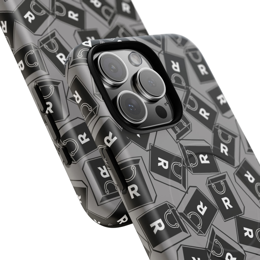 Magnetic Phone Case – Black & Gray Repeating 'R' Logo Pattern