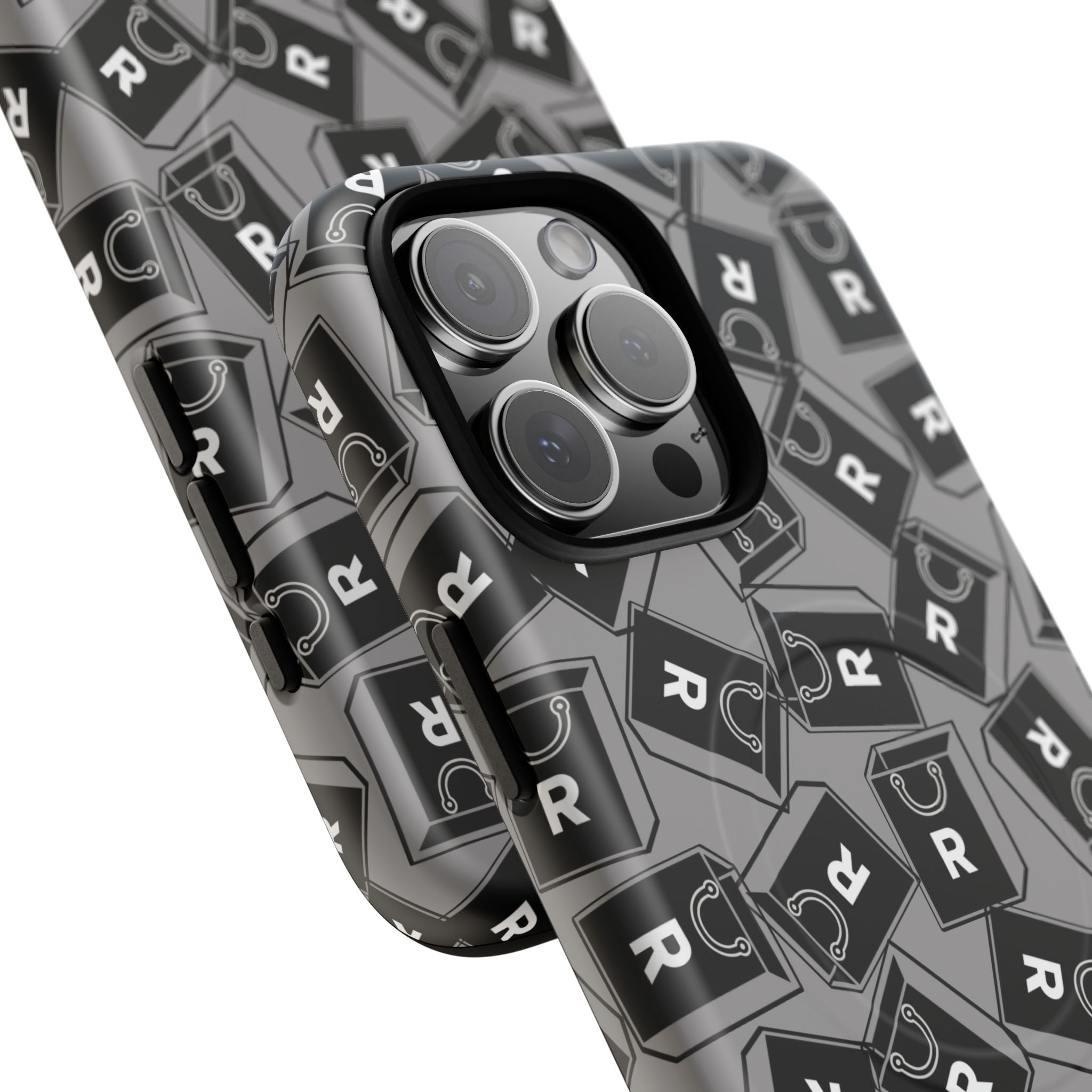 Magnetic Phone Case – Black & Gray Repeating 'R' Logo Pattern