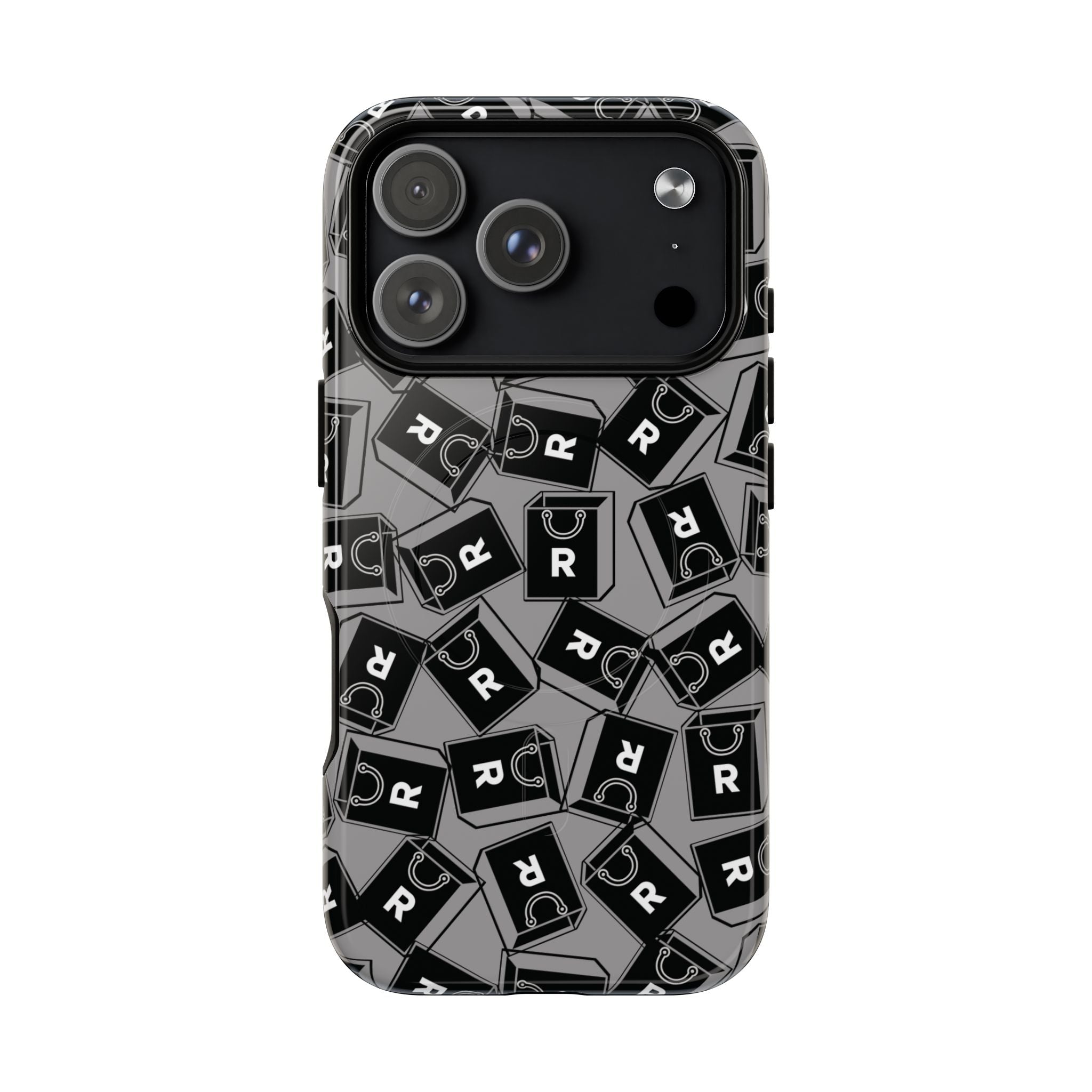 Magnetic Phone Case – Black & Gray Repeating 'R' Logo Pattern
