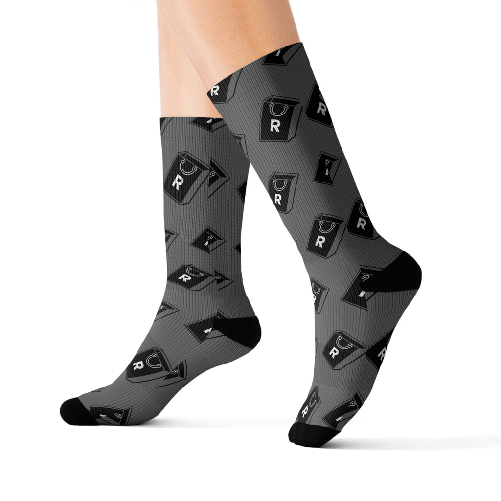 Retro Cassette Pattern Sublimation Socks — Grey Music Tape Crew Socks