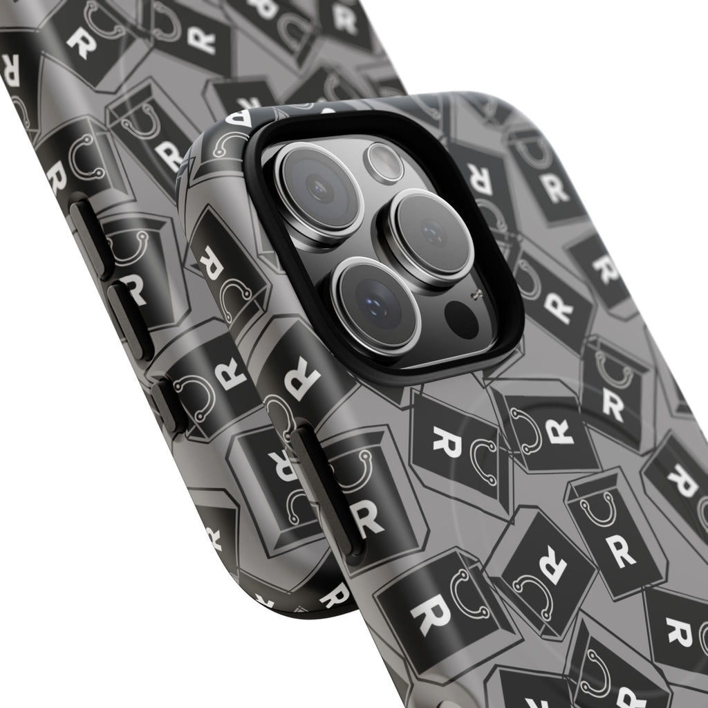 Magnetic Phone Case – Black & Gray Repeating 'R' Logo Pattern