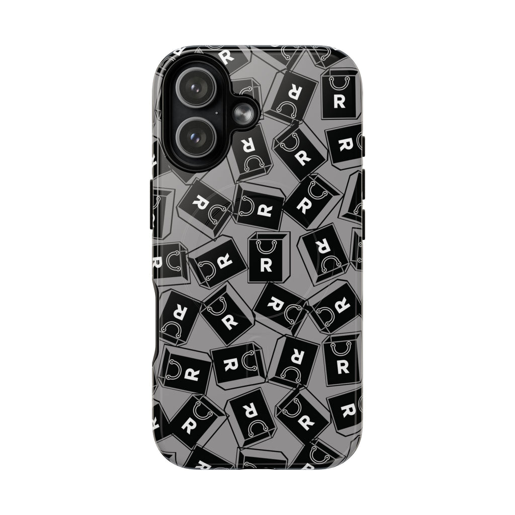 Magnetic Phone Case – Black & Gray Repeating 'R' Logo Pattern