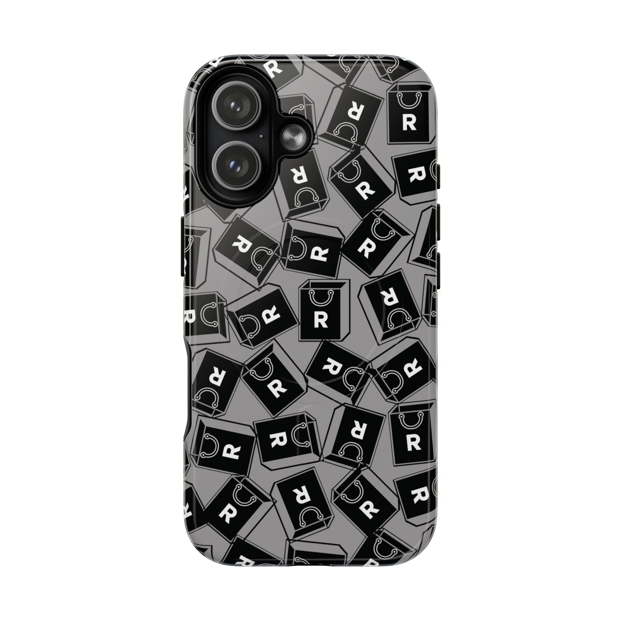 Magnetic Phone Case – Black & Gray Repeating 'R' Logo Pattern
