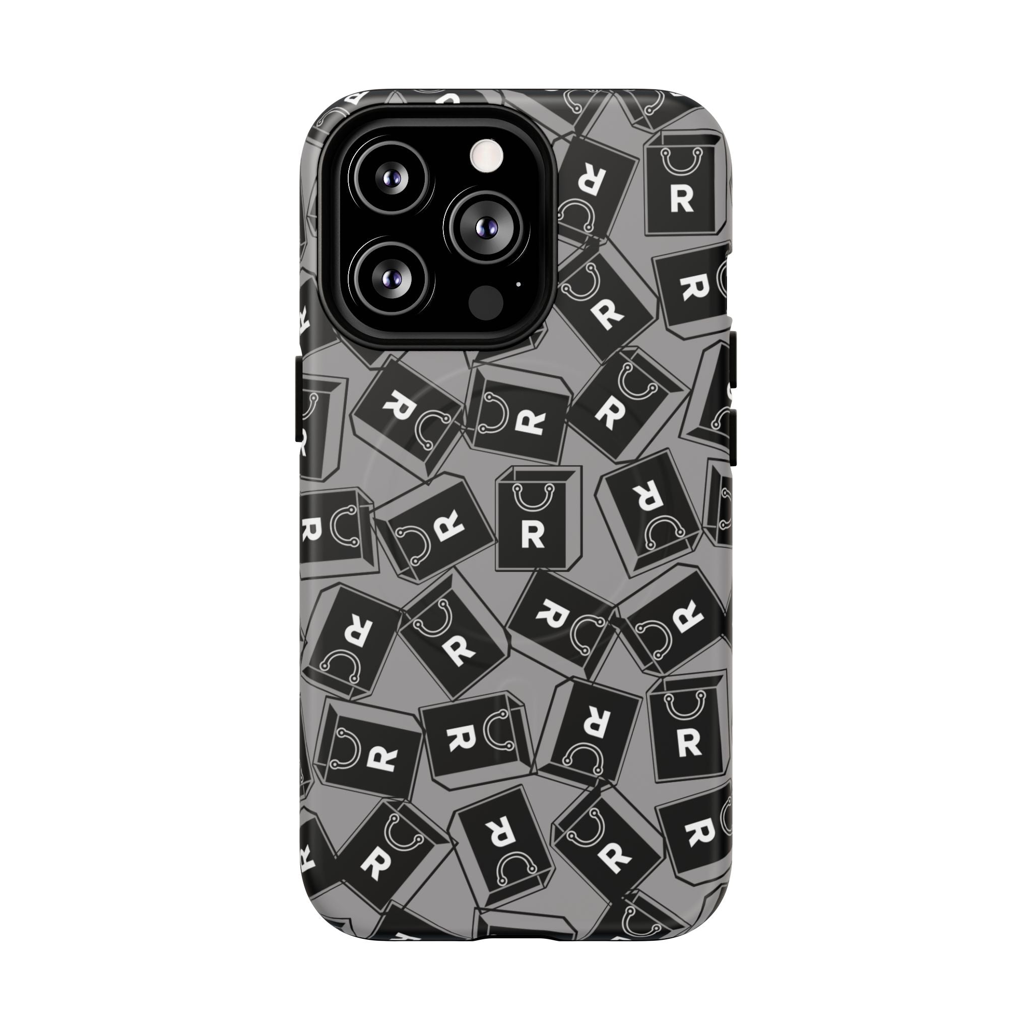 Magnetic Phone Case – Black & Gray Repeating 'R' Logo Pattern