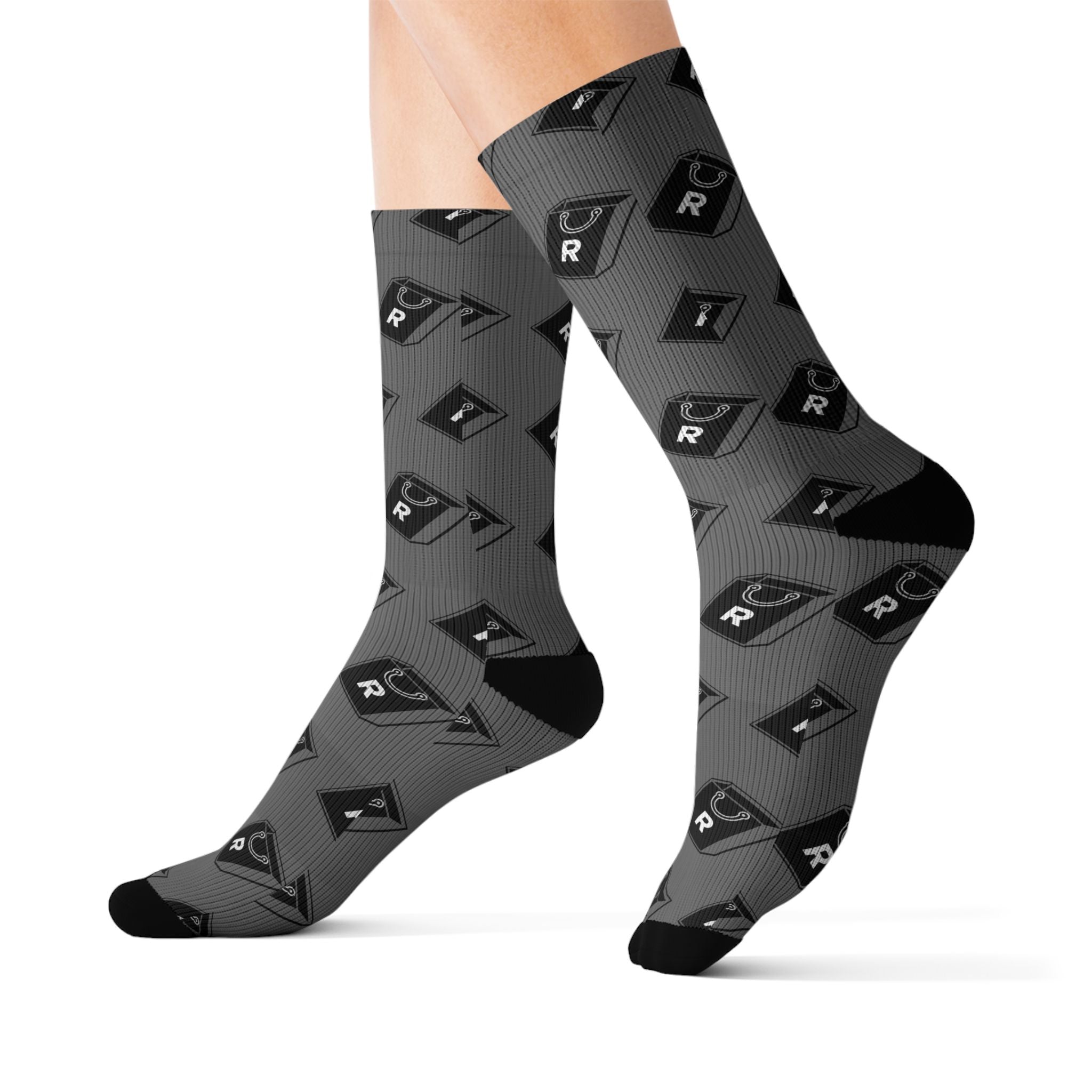 Retro Cassette Pattern Sublimation Socks — Grey Music Tape Crew Socks