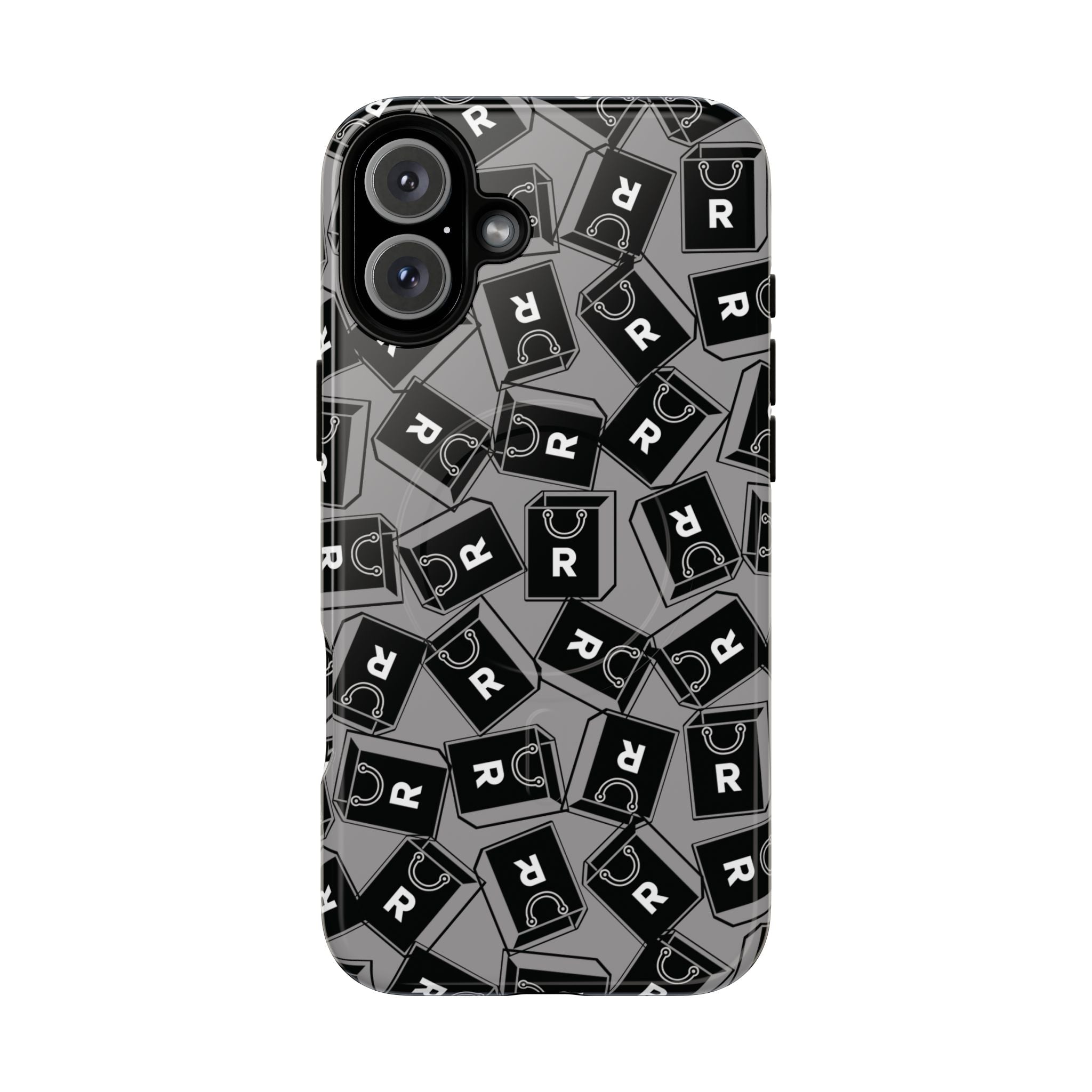 Magnetic Phone Case – Black & Gray Repeating 'R' Logo Pattern