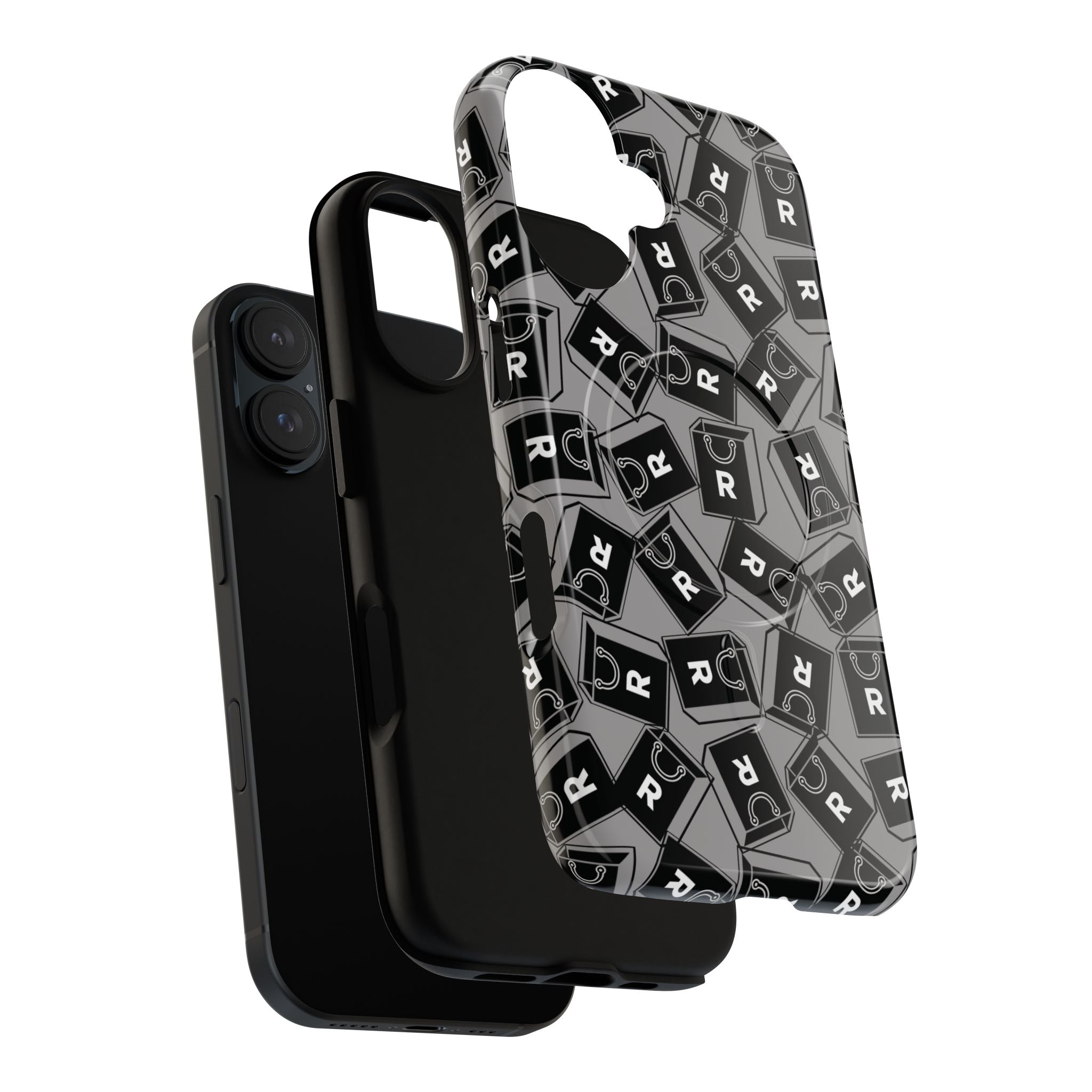 Magnetic Phone Case – Black & Gray Repeating 'R' Logo Pattern