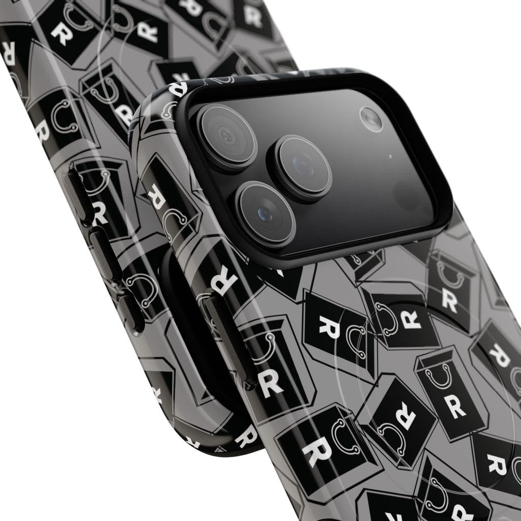 Magnetic Phone Case – Black & Gray Repeating 'R' Logo Pattern