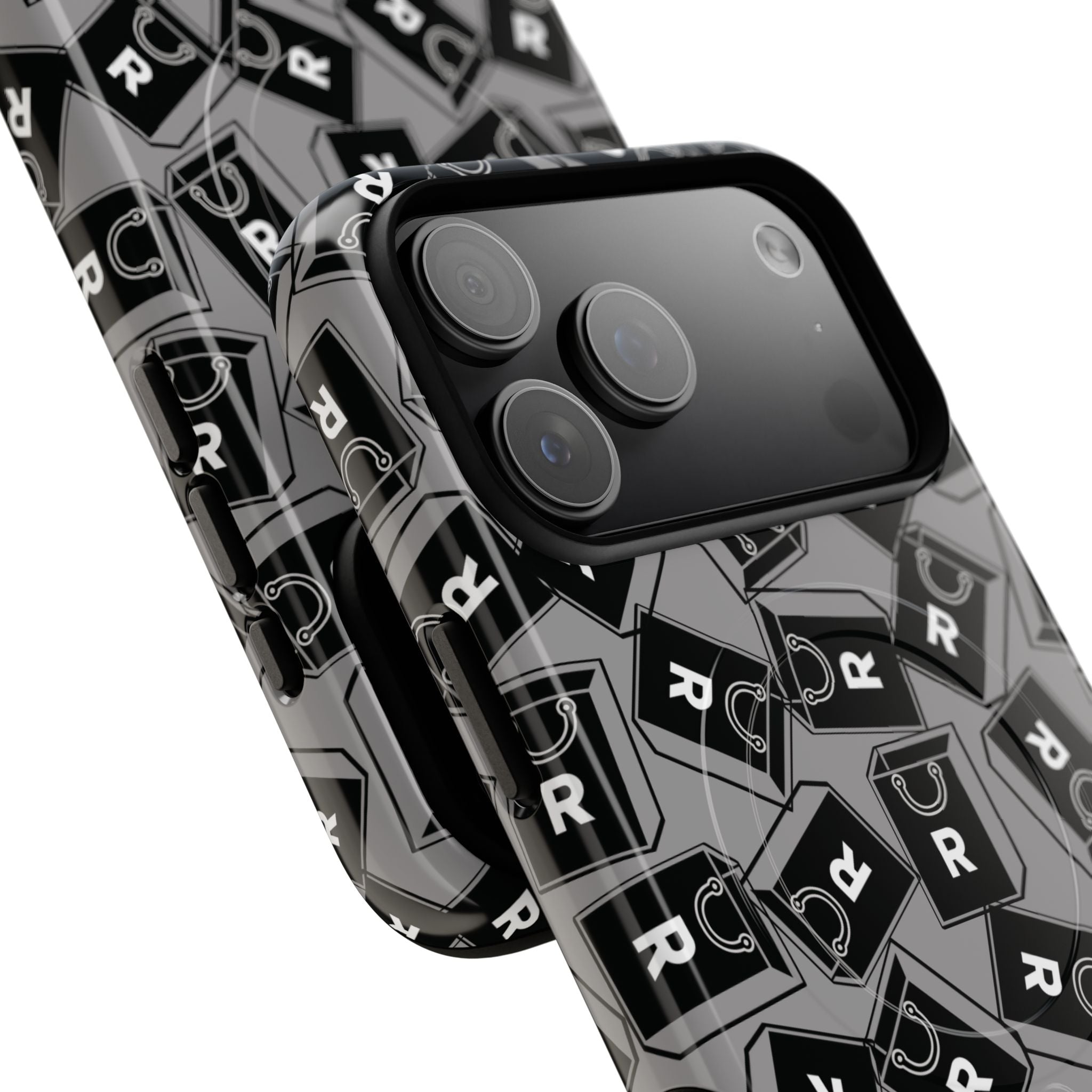 Magnetic Phone Case – Black & Gray Repeating 'R' Logo Pattern