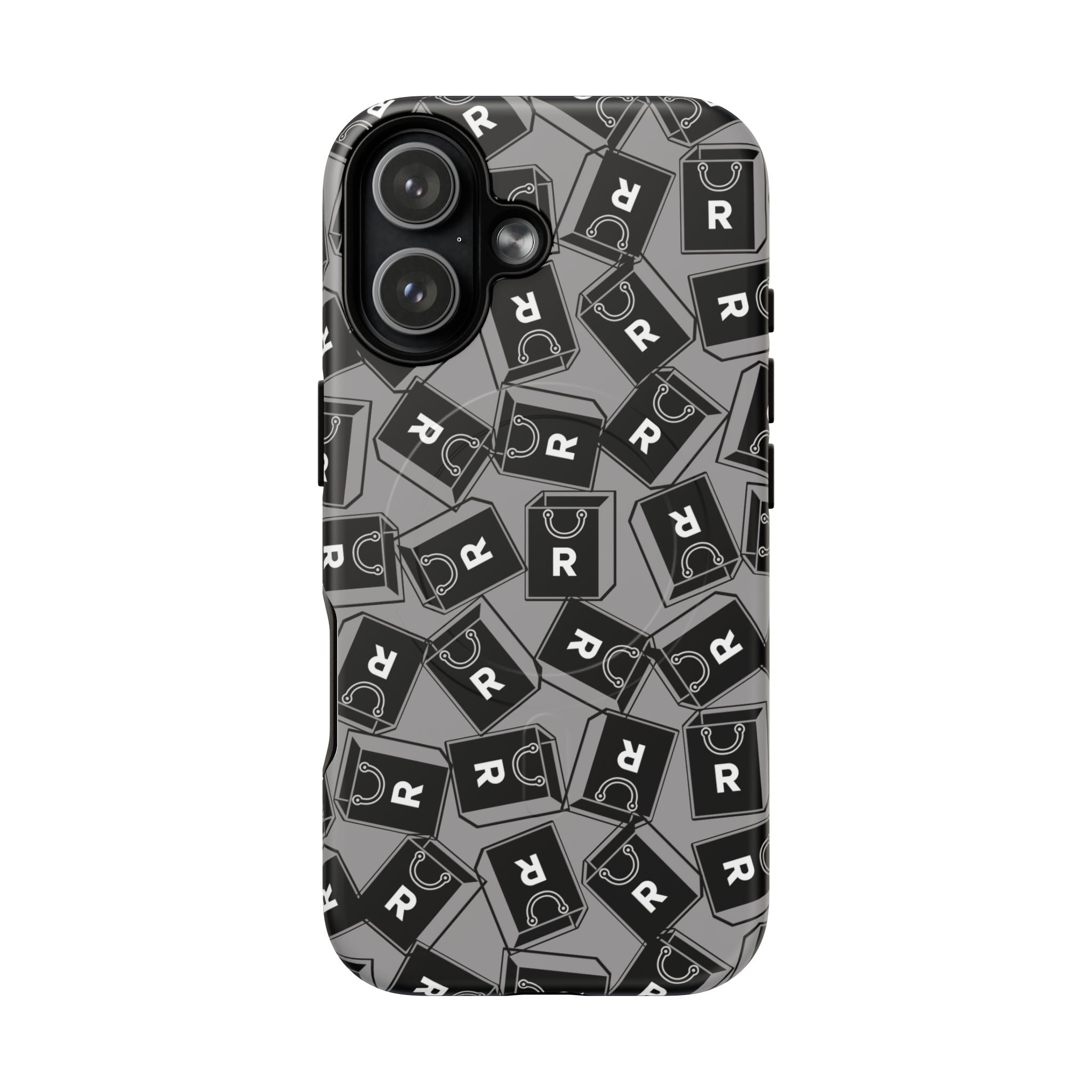 Magnetic Phone Case – Black & Gray Repeating 'R' Logo Pattern
