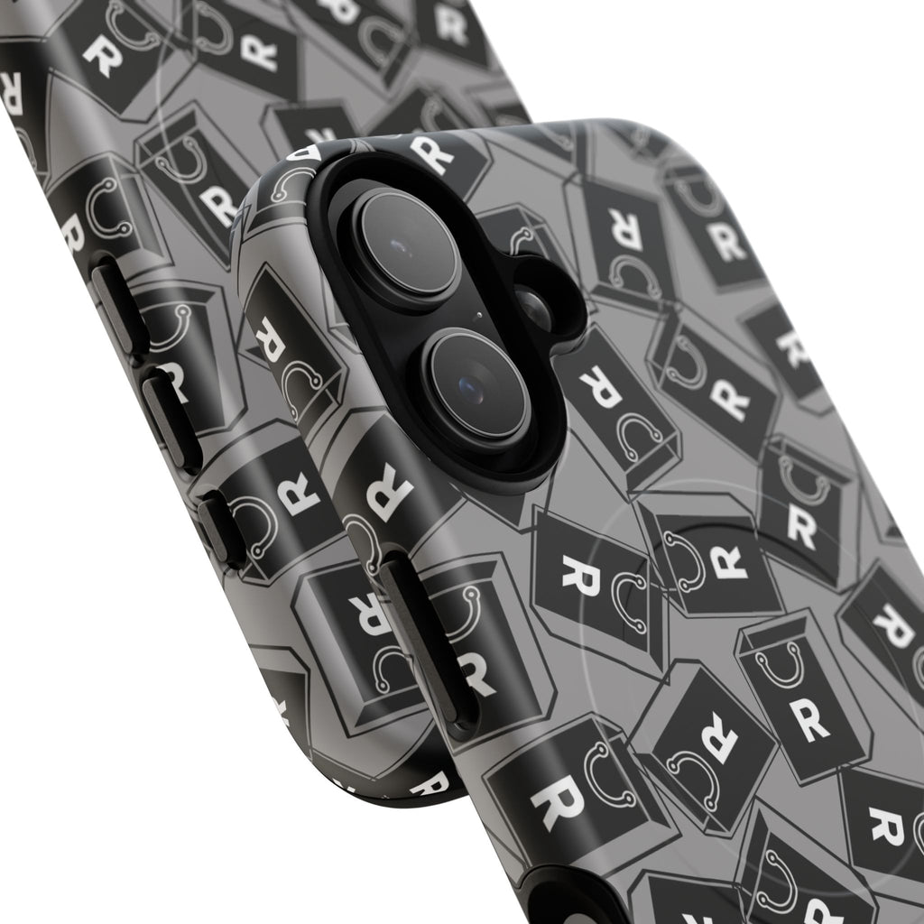 Magnetic Phone Case – Black & Gray Repeating 'R' Logo Pattern