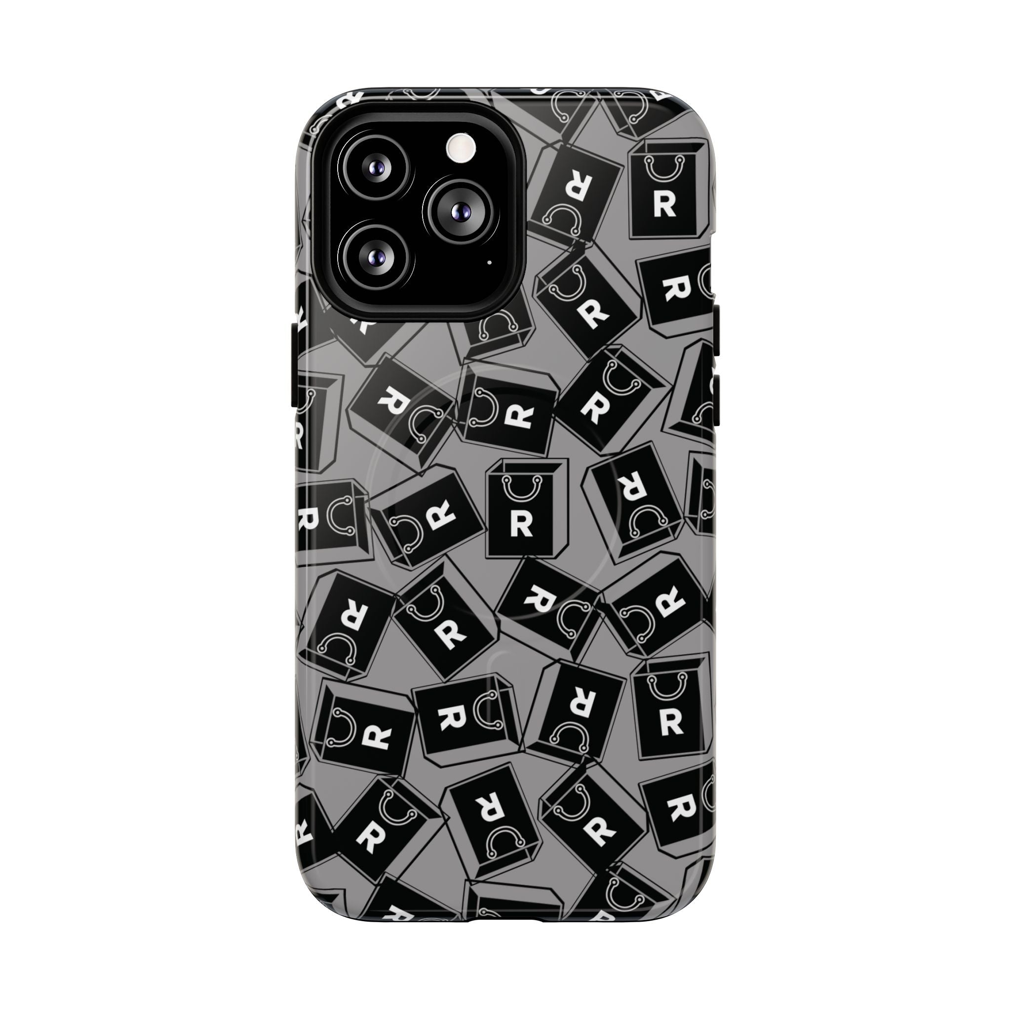 Magnetic Phone Case – Black & Gray Repeating 'R' Logo Pattern