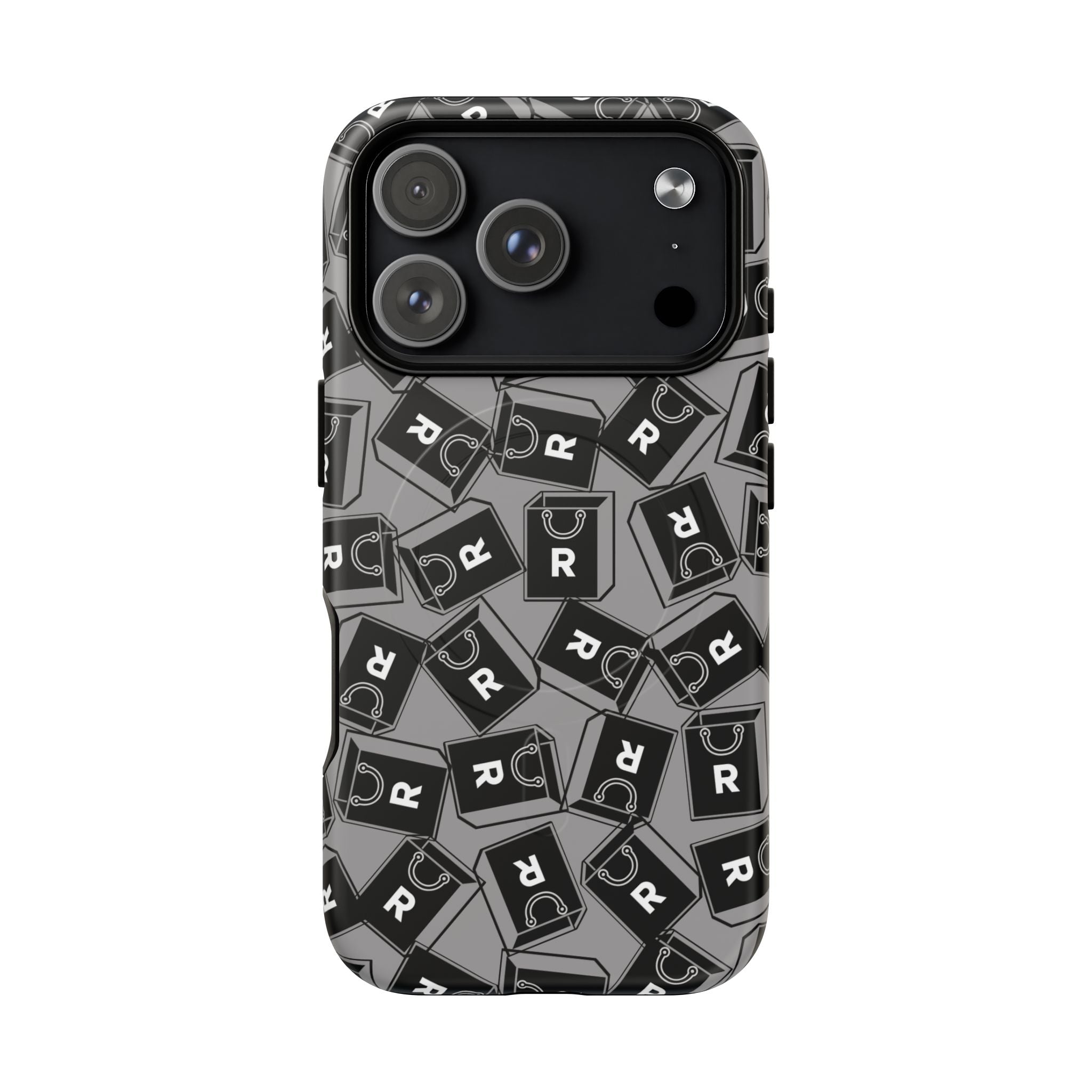 Magnetic Phone Case – Black & Gray Repeating 'R' Logo Pattern