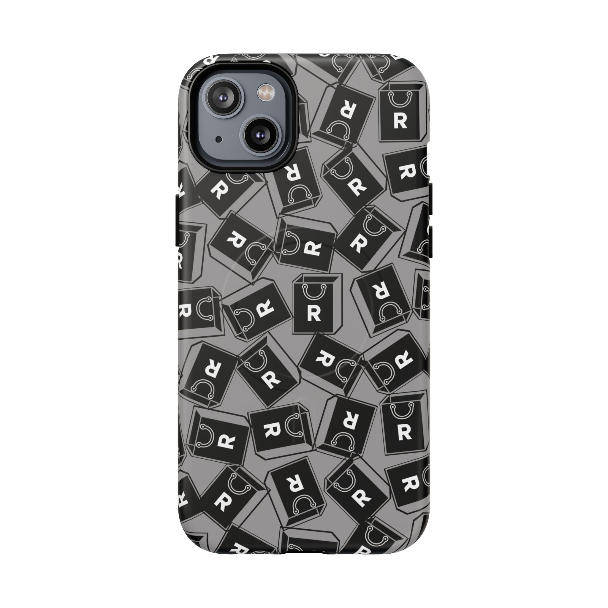 Magnetic Phone Case – Black & Gray Repeating 'R' Logo Pattern