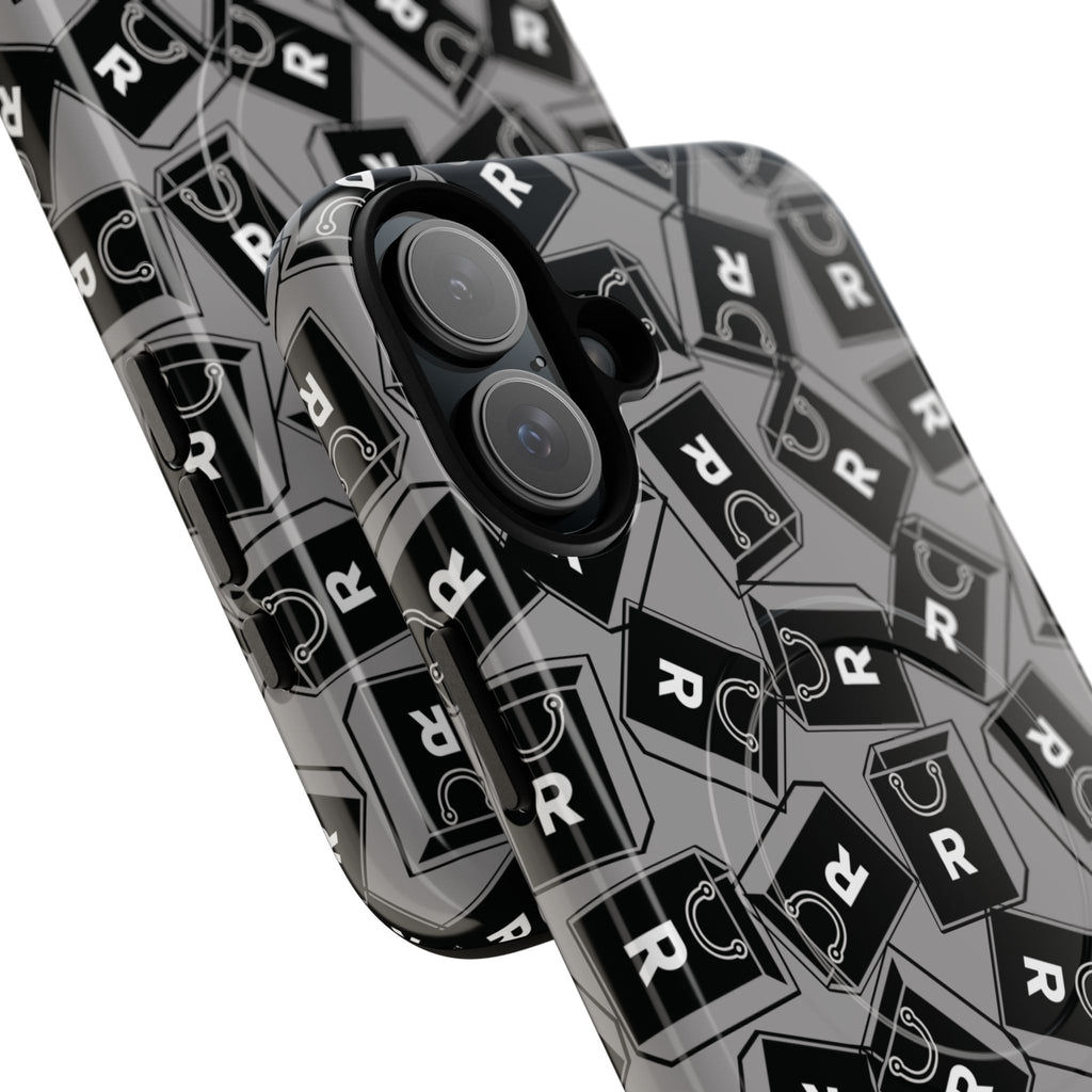 Magnetic Phone Case – Black & Gray Repeating 'R' Logo Pattern