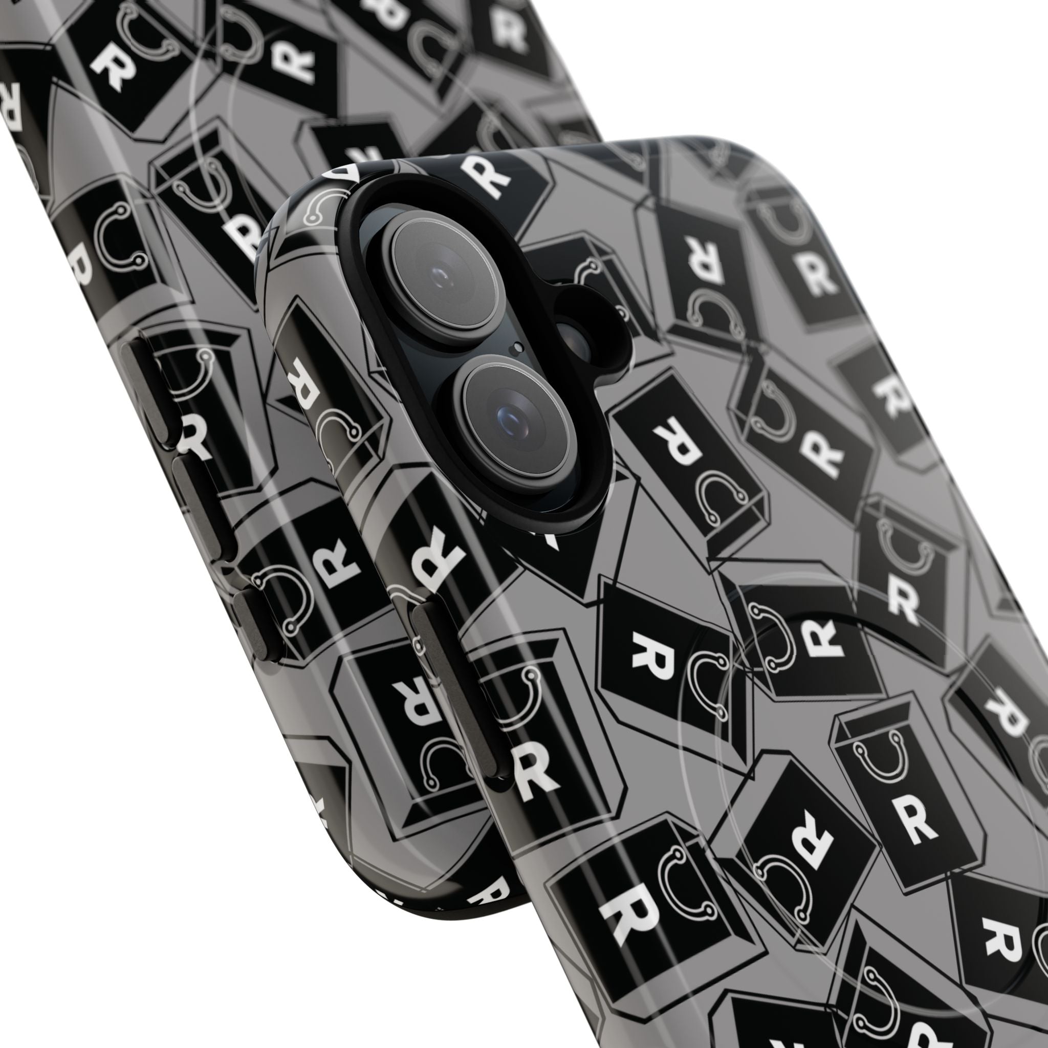 Magnetic Phone Case – Black & Gray Repeating 'R' Logo Pattern