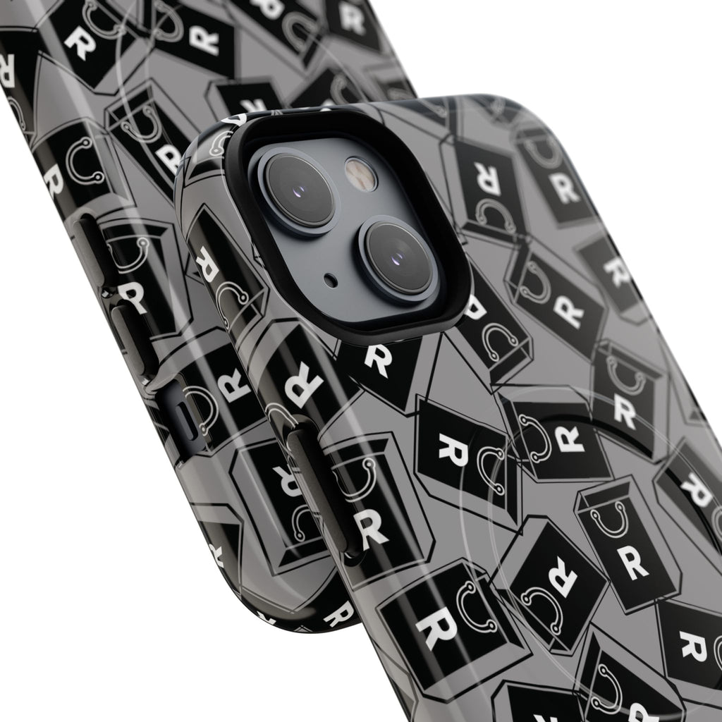 Magnetic Phone Case – Black & Gray Repeating 'R' Logo Pattern