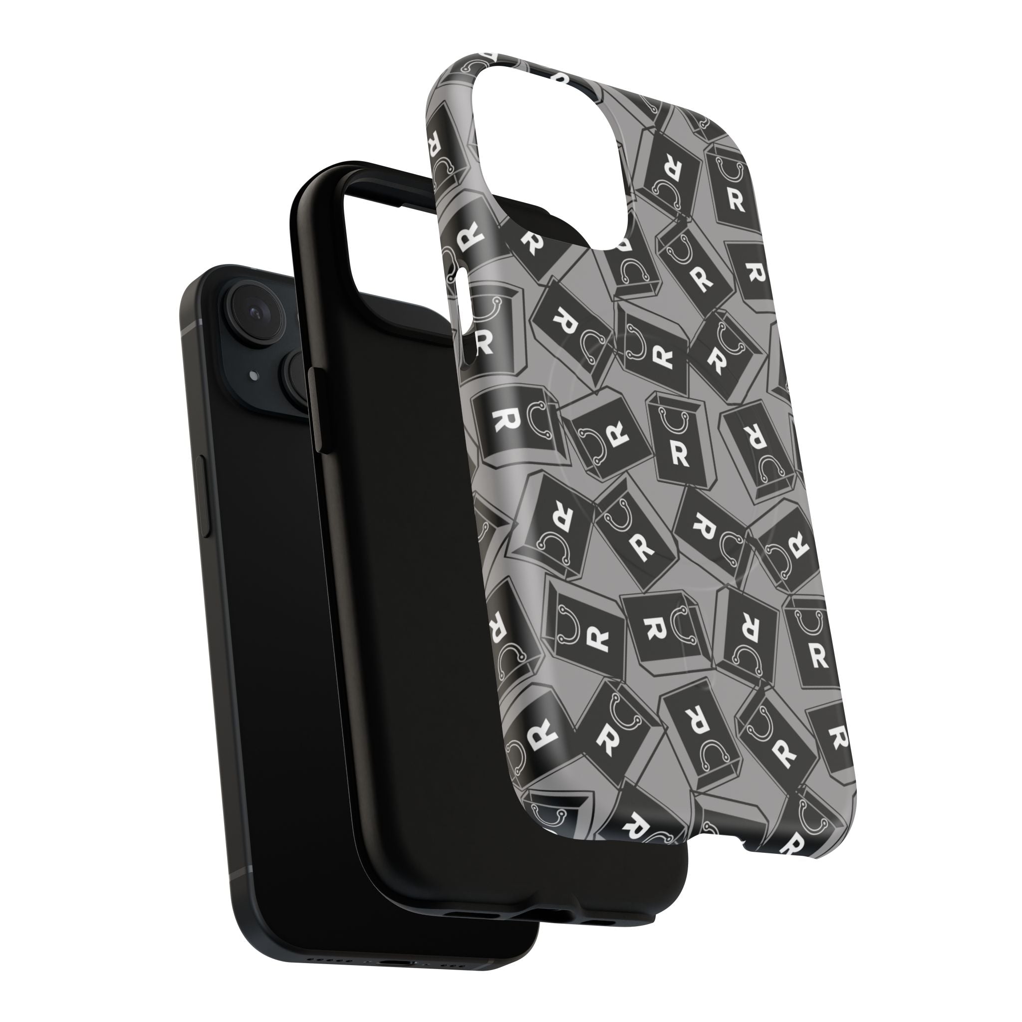 Magnetic Phone Case – Black & Gray Repeating 'R' Logo Pattern