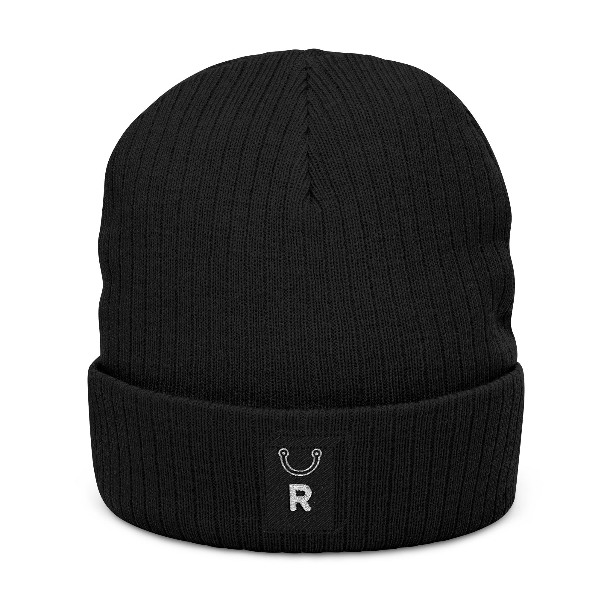 Embroidered Ribbed Beanie - Minimal Horseshoe & R Patch, Cozy Winter Hat