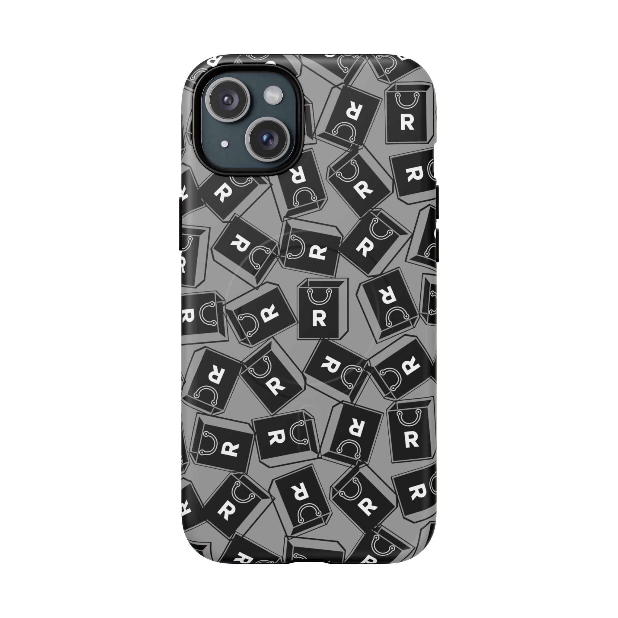 Magnetic Phone Case – Black & Gray Repeating 'R' Logo Pattern