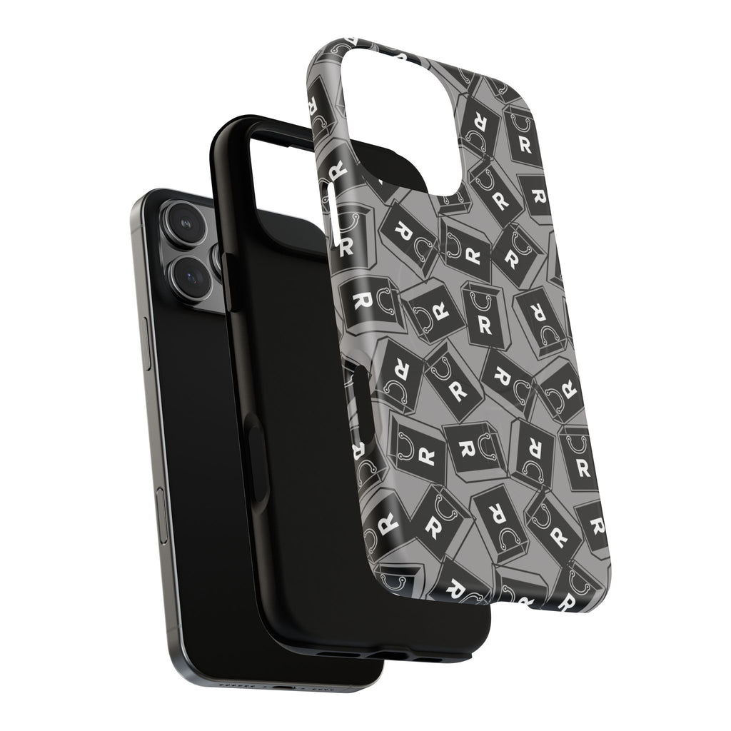 Magnetic Phone Case – Black & Gray Repeating 'R' Logo Pattern