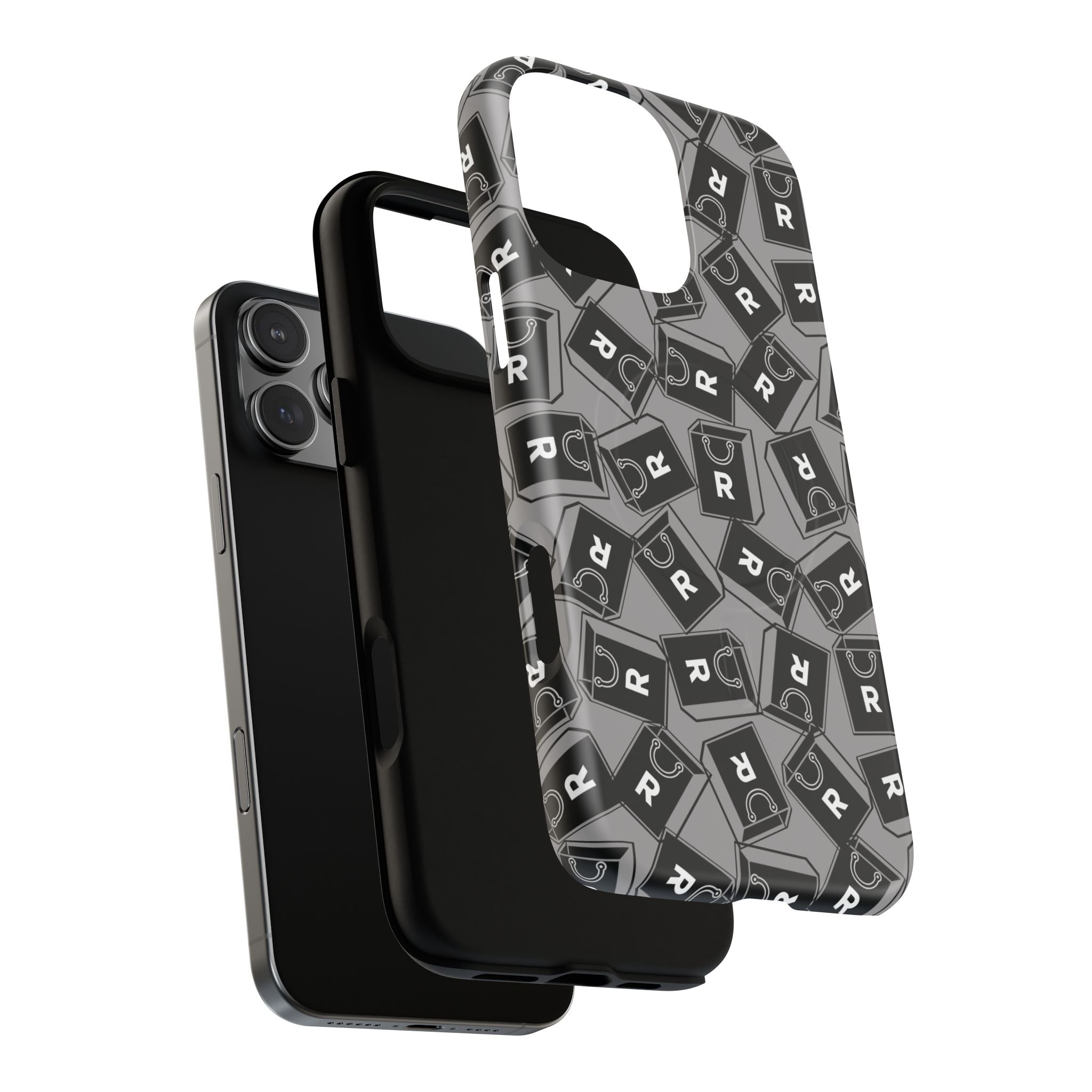 Magnetic Phone Case – Black & Gray Repeating 'R' Logo Pattern