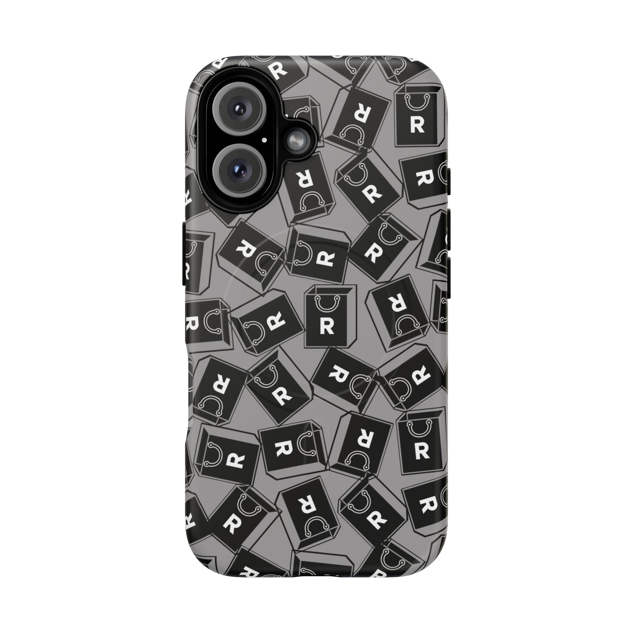 Magnetic Phone Case – Black & Gray Repeating 'R' Logo Pattern