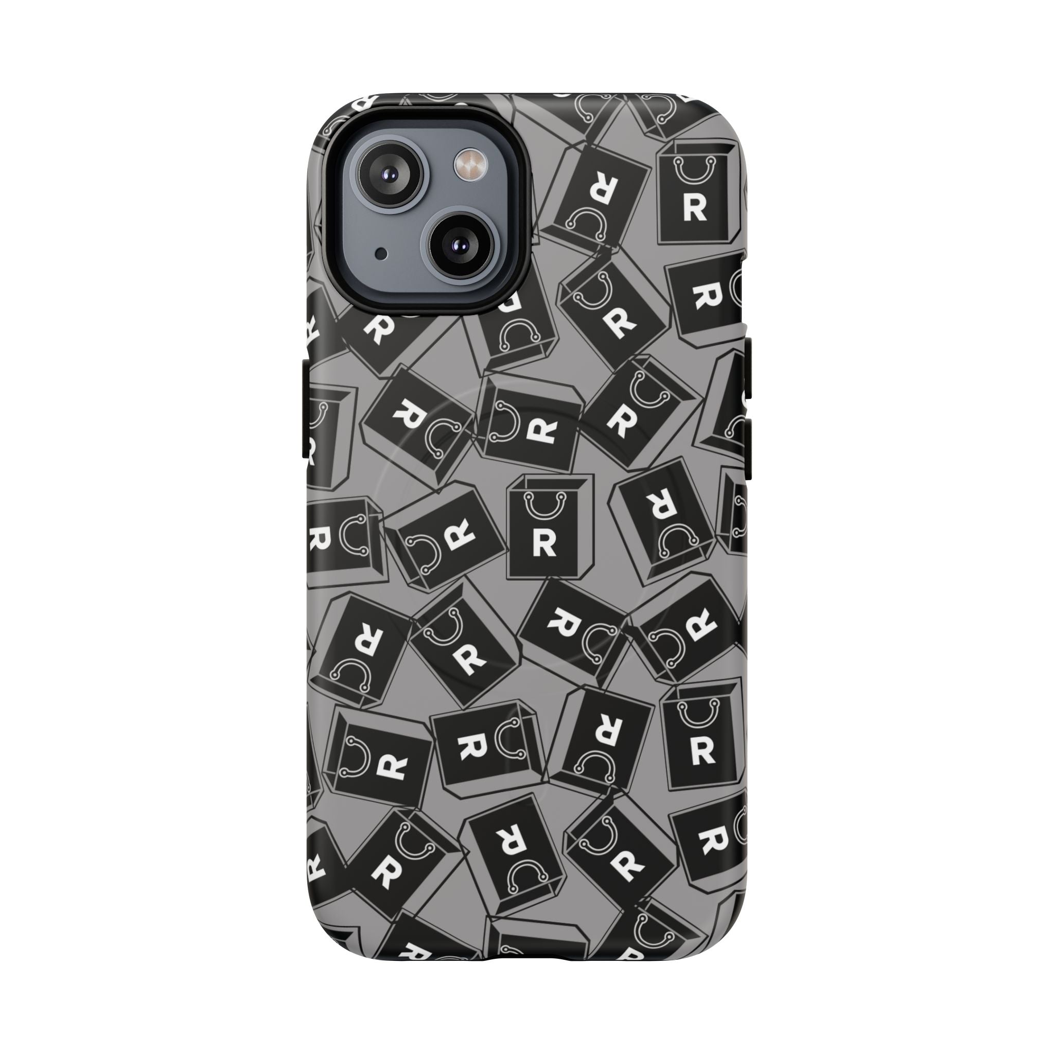 Magnetic Phone Case – Black & Gray Repeating 'R' Logo Pattern